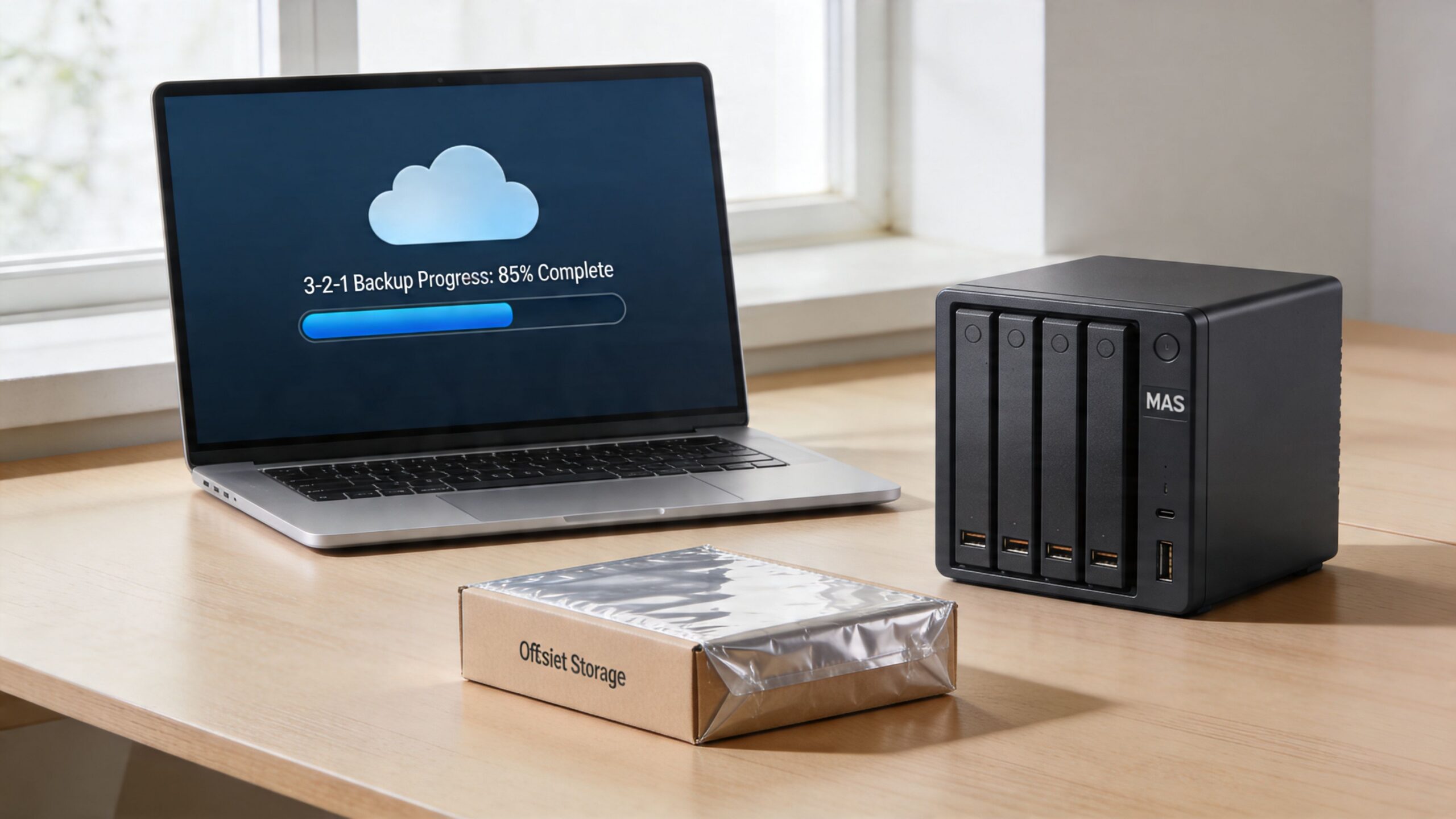 A laptop showing a 3-2-1 backup progress bar next to a NAS storage device on a desk.
