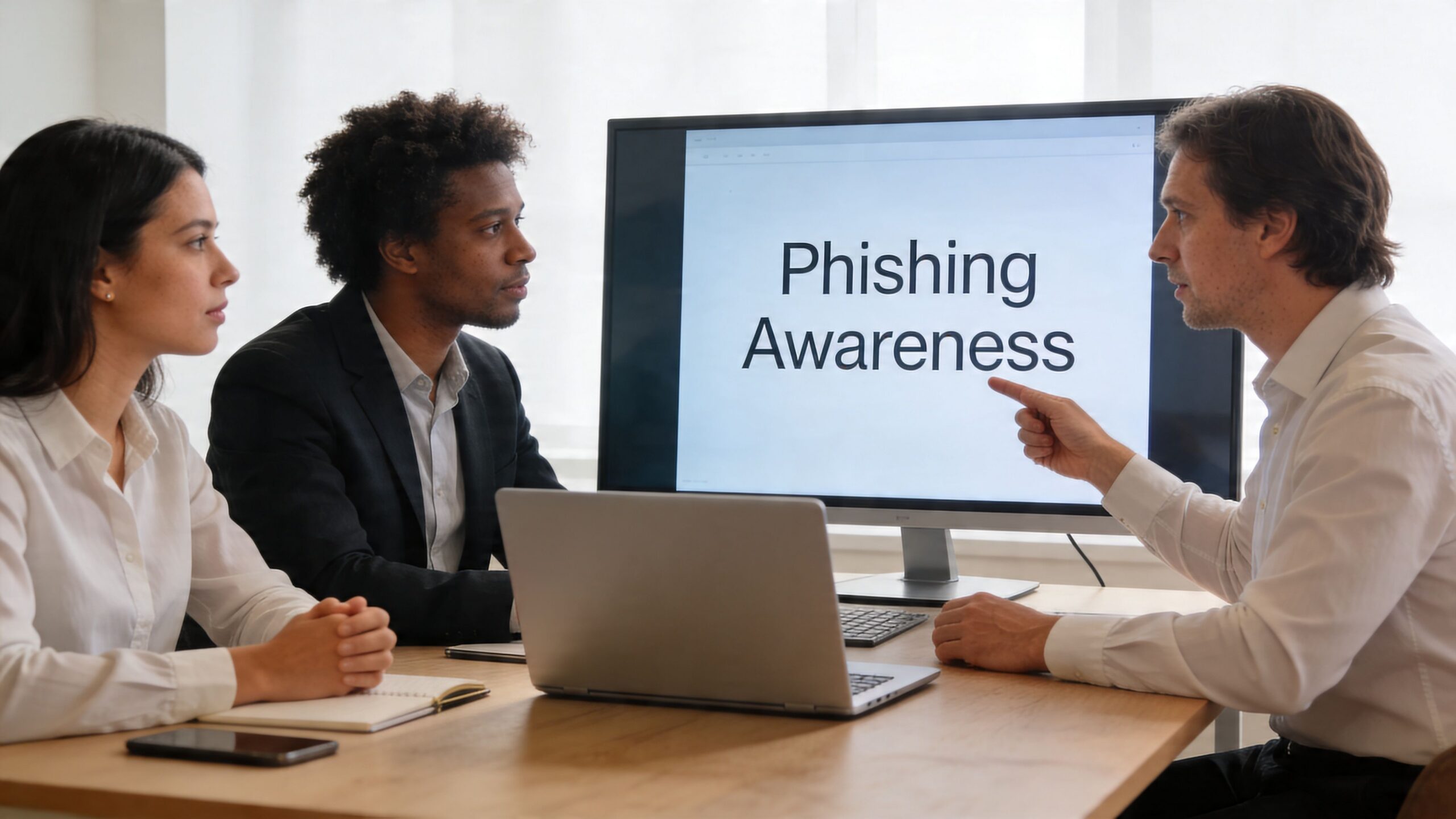 A diverse business team discusses cybersecurity best practices during a meeting regarding phishing awareness training.