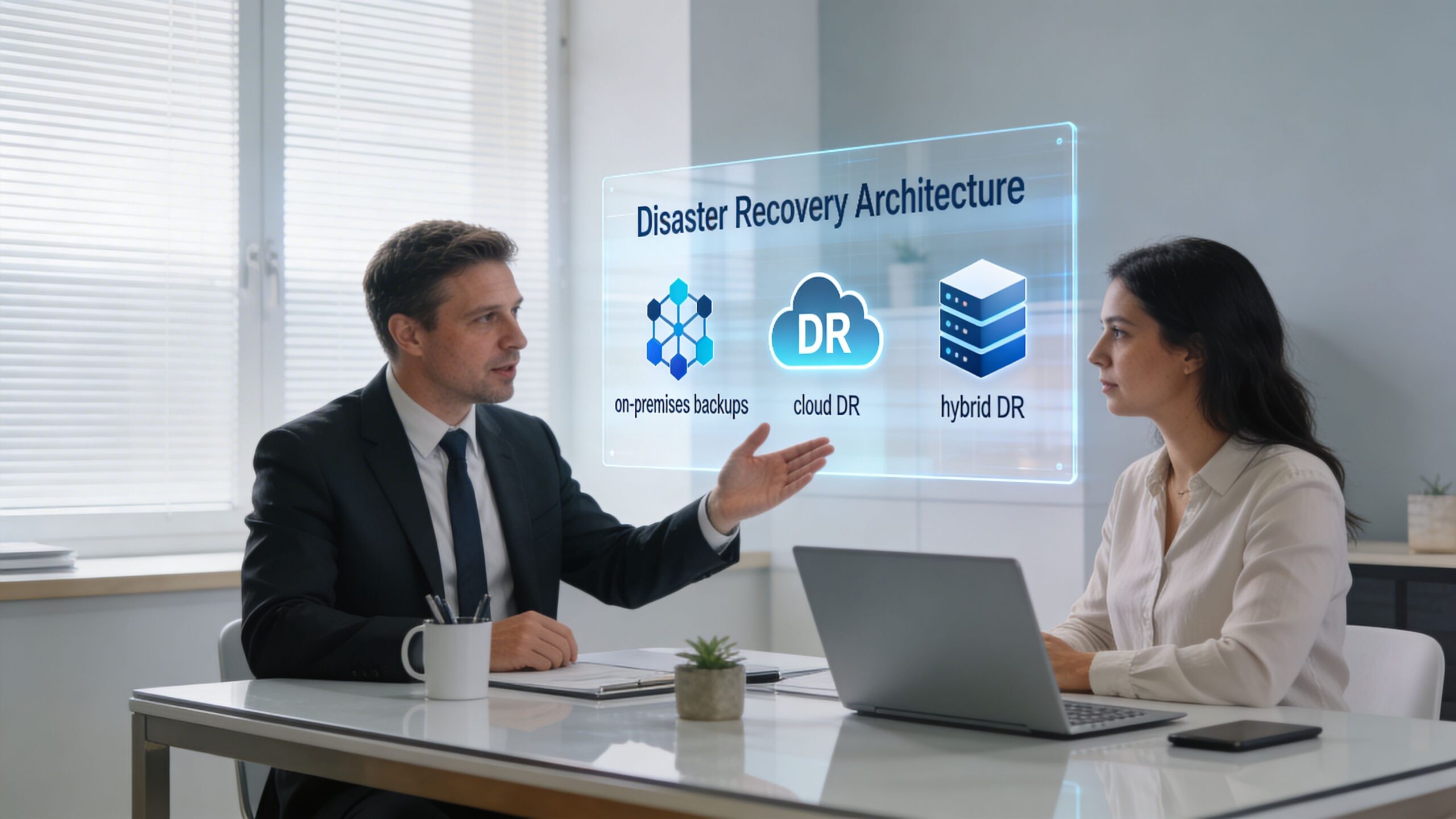 A professional man and woman discussing disaster recovery architecture strategies in a modern office environment.