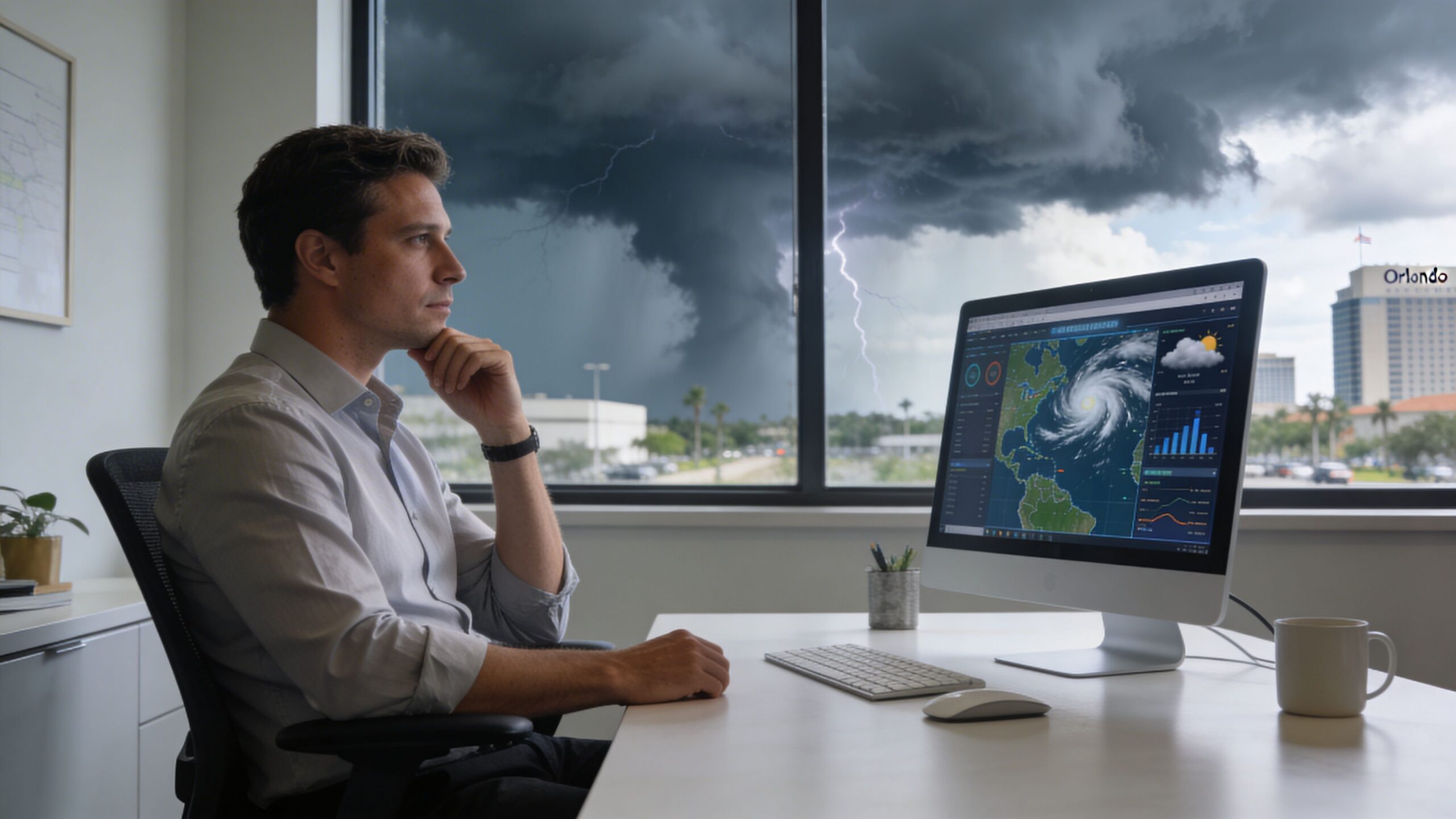 A professional man watches a severe storm from his office while monitoring hurricane data on computer screens.