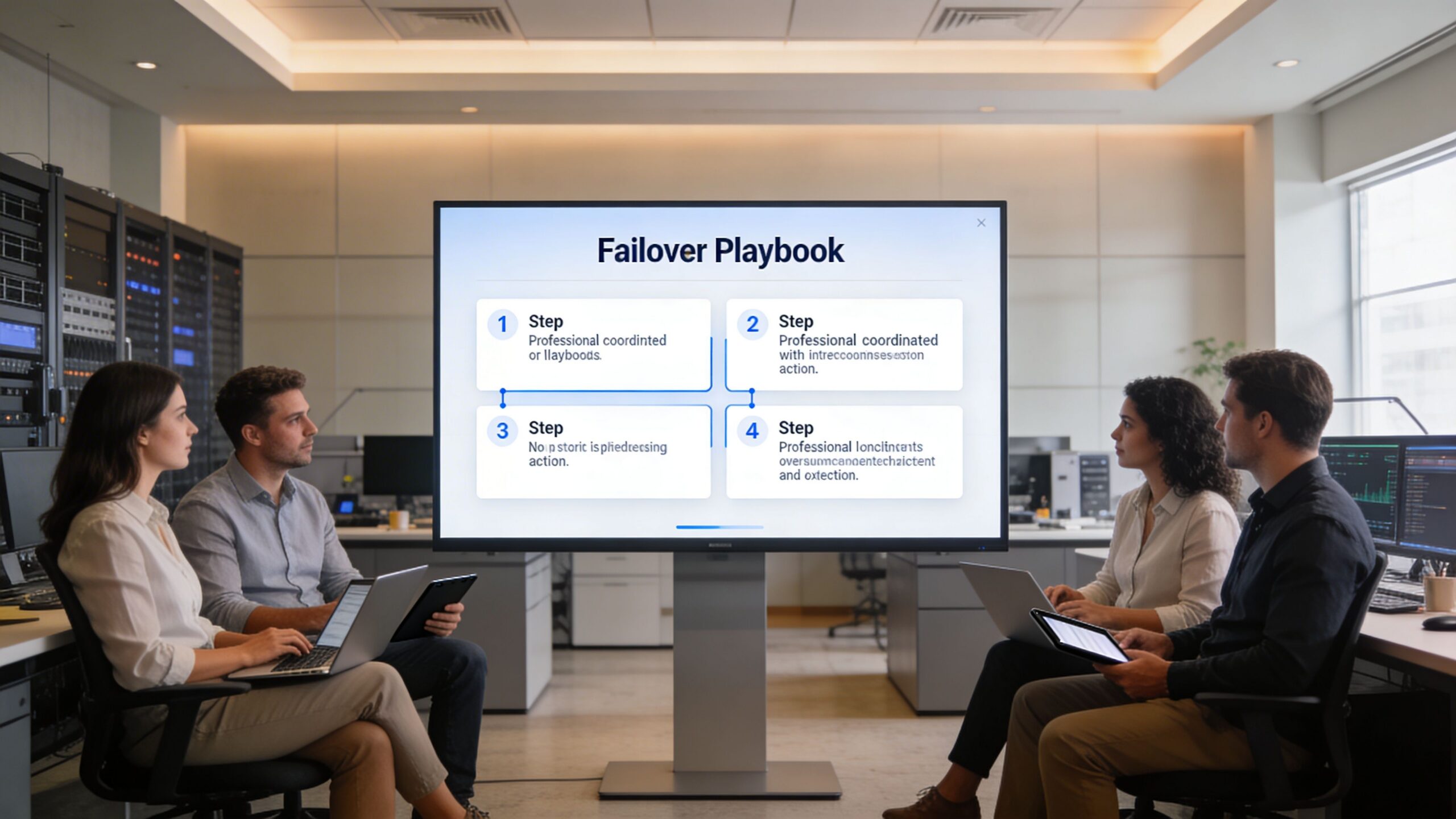 A professional team collaborating in a modern office space while reviewing a data center failover playbook presentation.