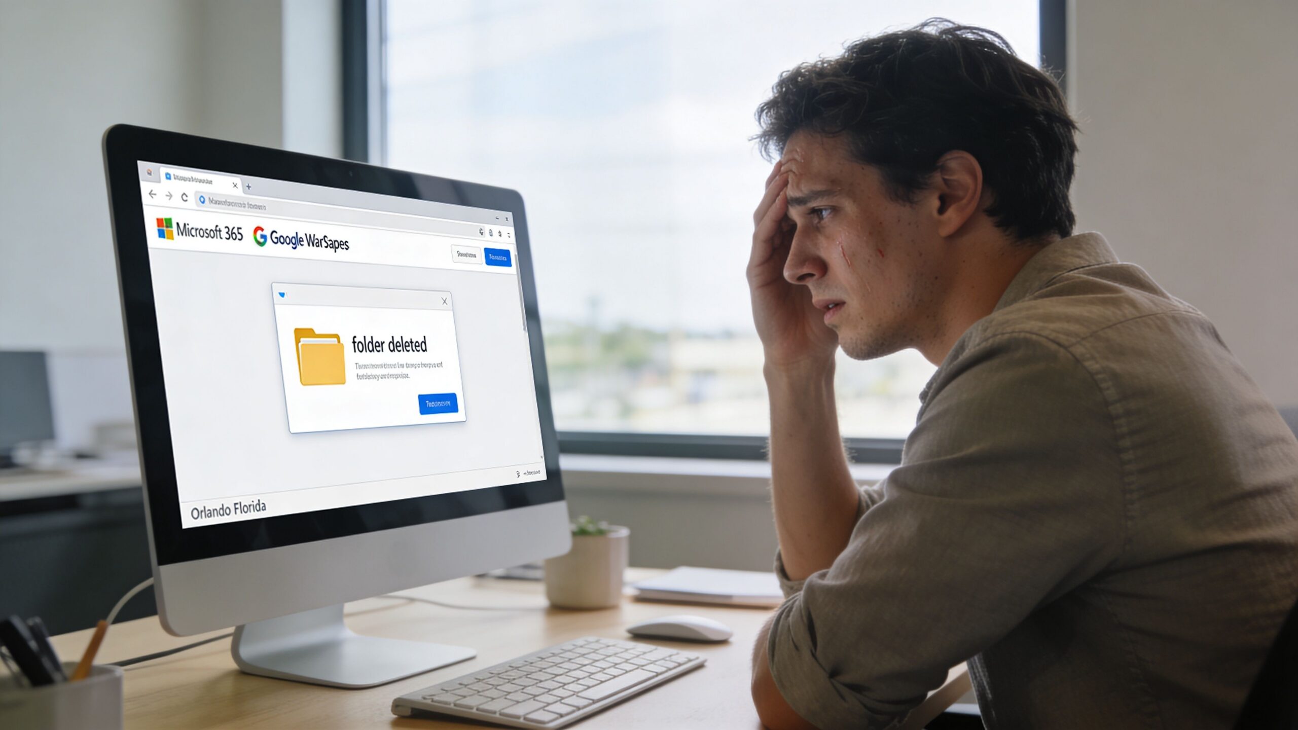 A distressed man sits at a computer desk looking at a screen displaying a folder deleted notification.
