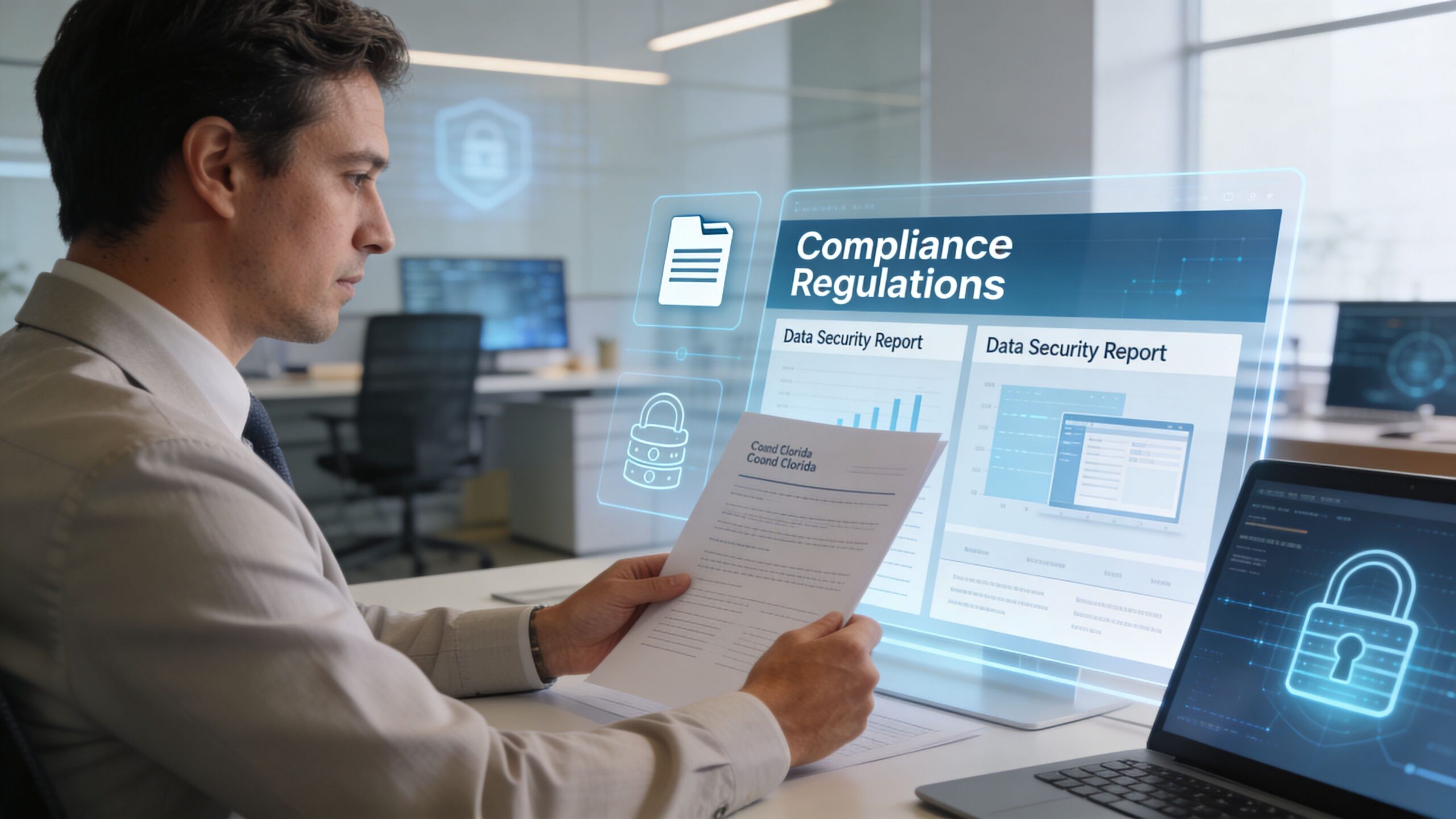 A professional man reviewing data security reports on a holographic screen in a modern office environment.