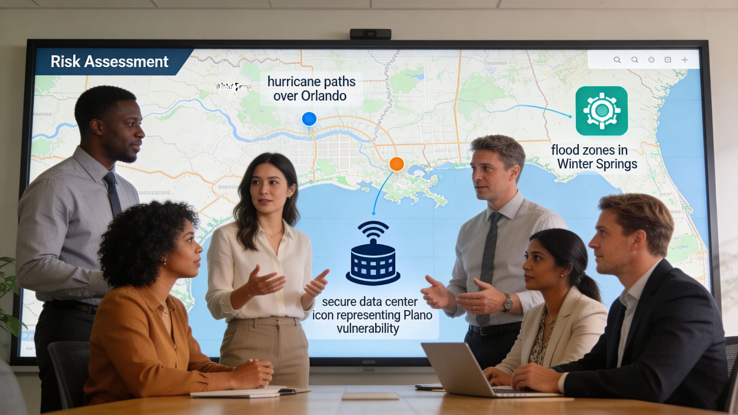 A professional team discussing a disaster recovery plan during a meeting in a modern office boardroom.