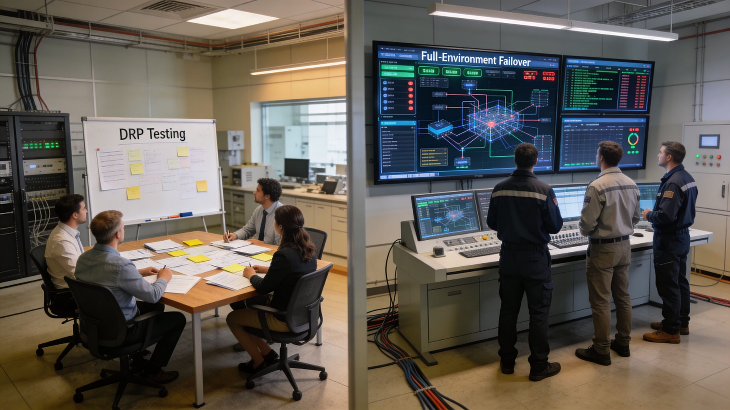 A professional team collaborating on a disaster recovery plan in a high-tech monitoring control room.