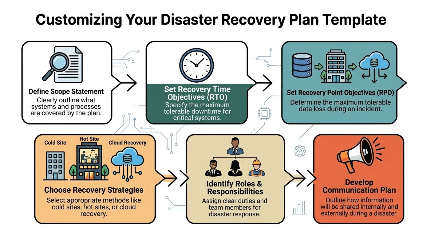 A diagram illustrating the six essential steps for customizing a disaster recovery plan template for businesses.
