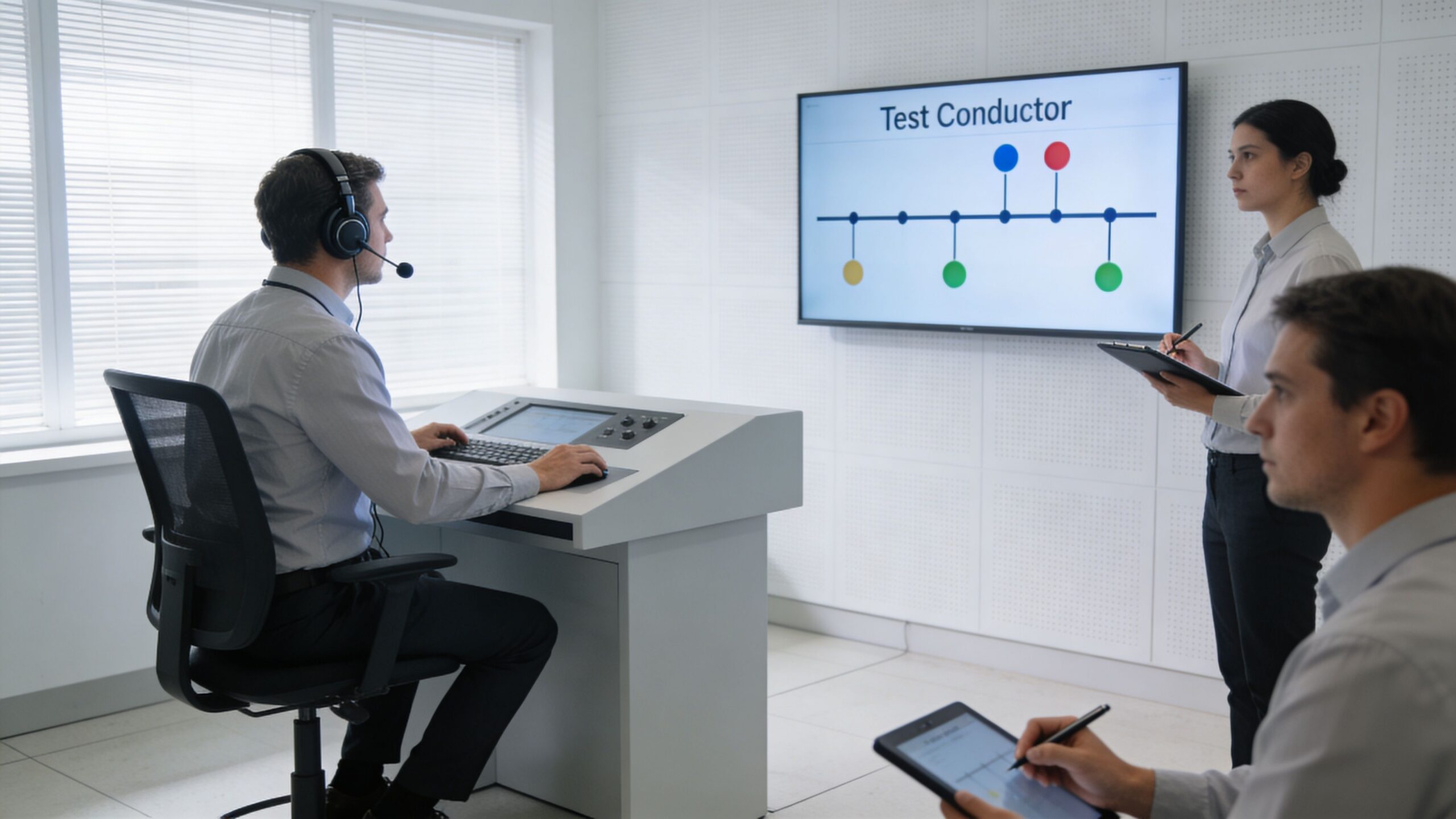 Professionals observing a test conductor monitor during a professional corporate simulation or testing exercise in an office.