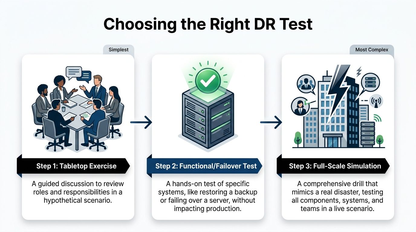 A diagram illustrating three levels of disaster recovery testing, ranging from tabletop exercises to full-scale simulations.