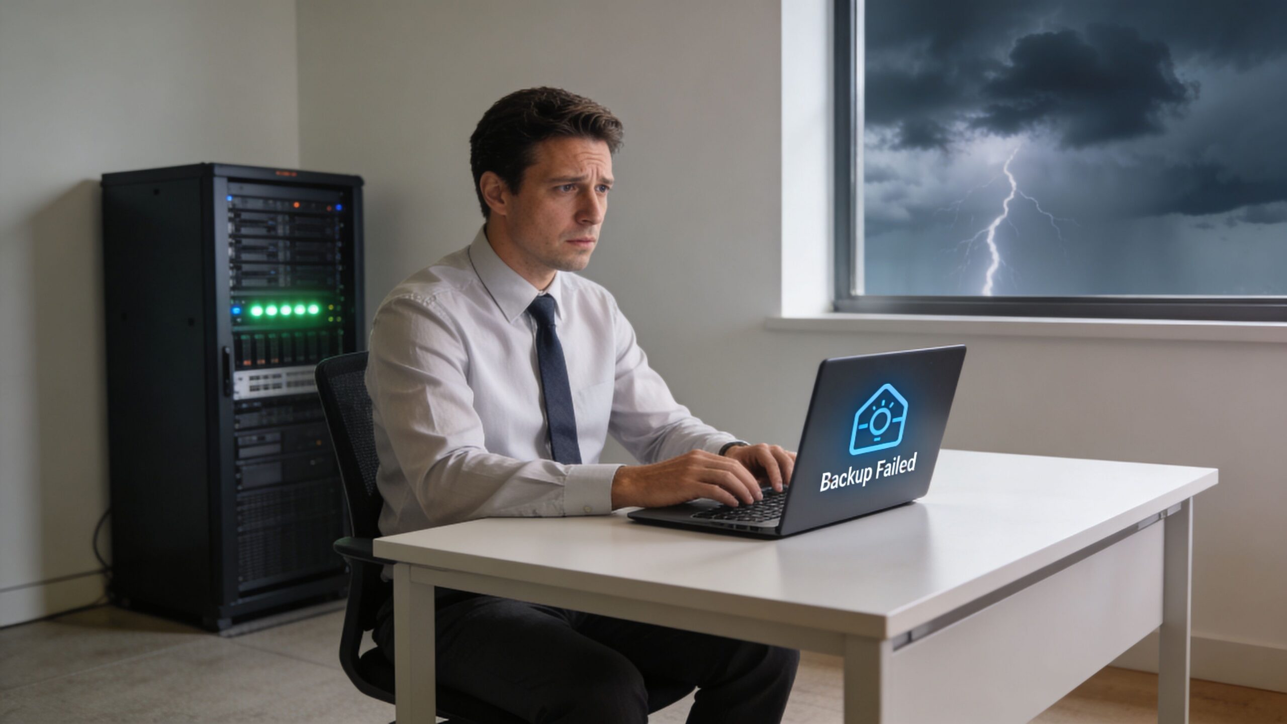 A concerned IT professional working on a laptop displaying a backup failed error during a thunderstorm.