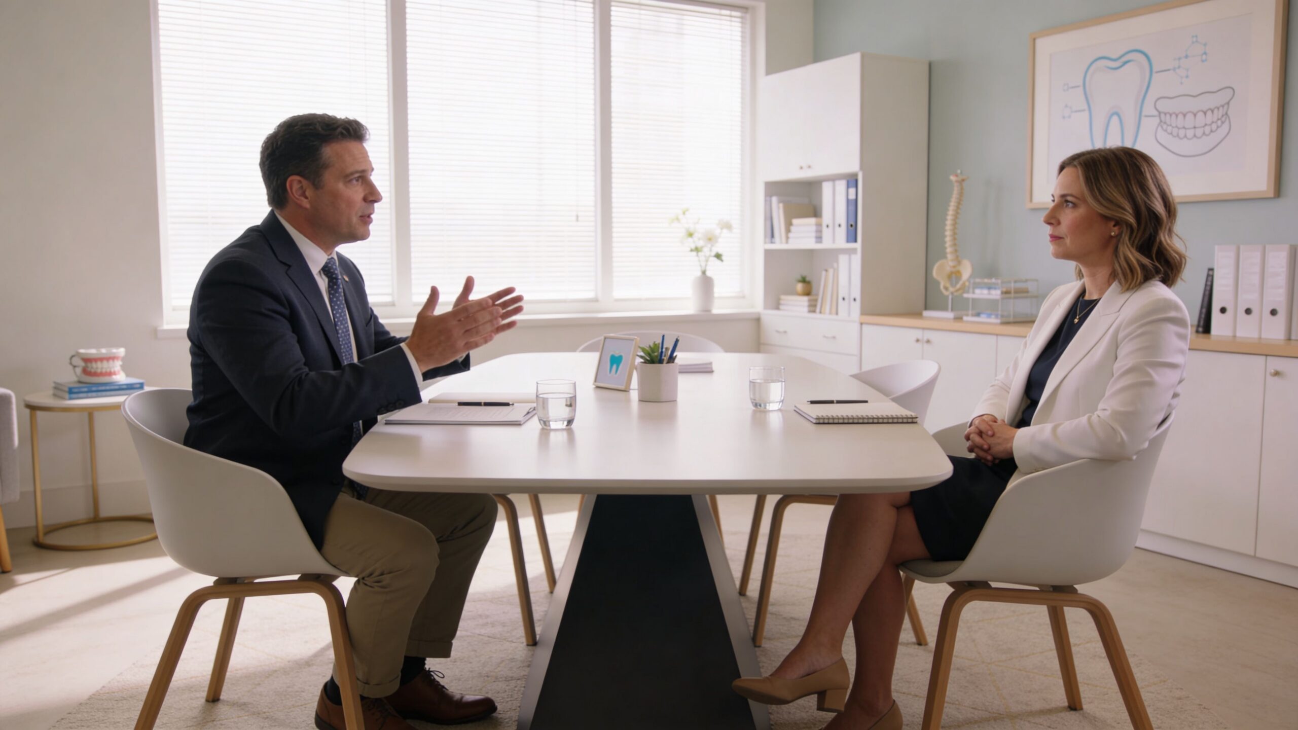 A professional man and woman having a business meeting in a modern, bright office setting.