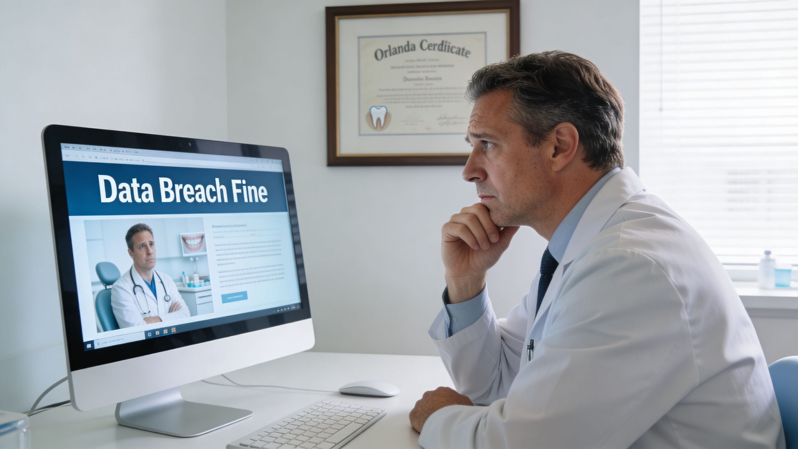 A concerned dentist wearing a lab coat sits at his desk looking at a computer screen.