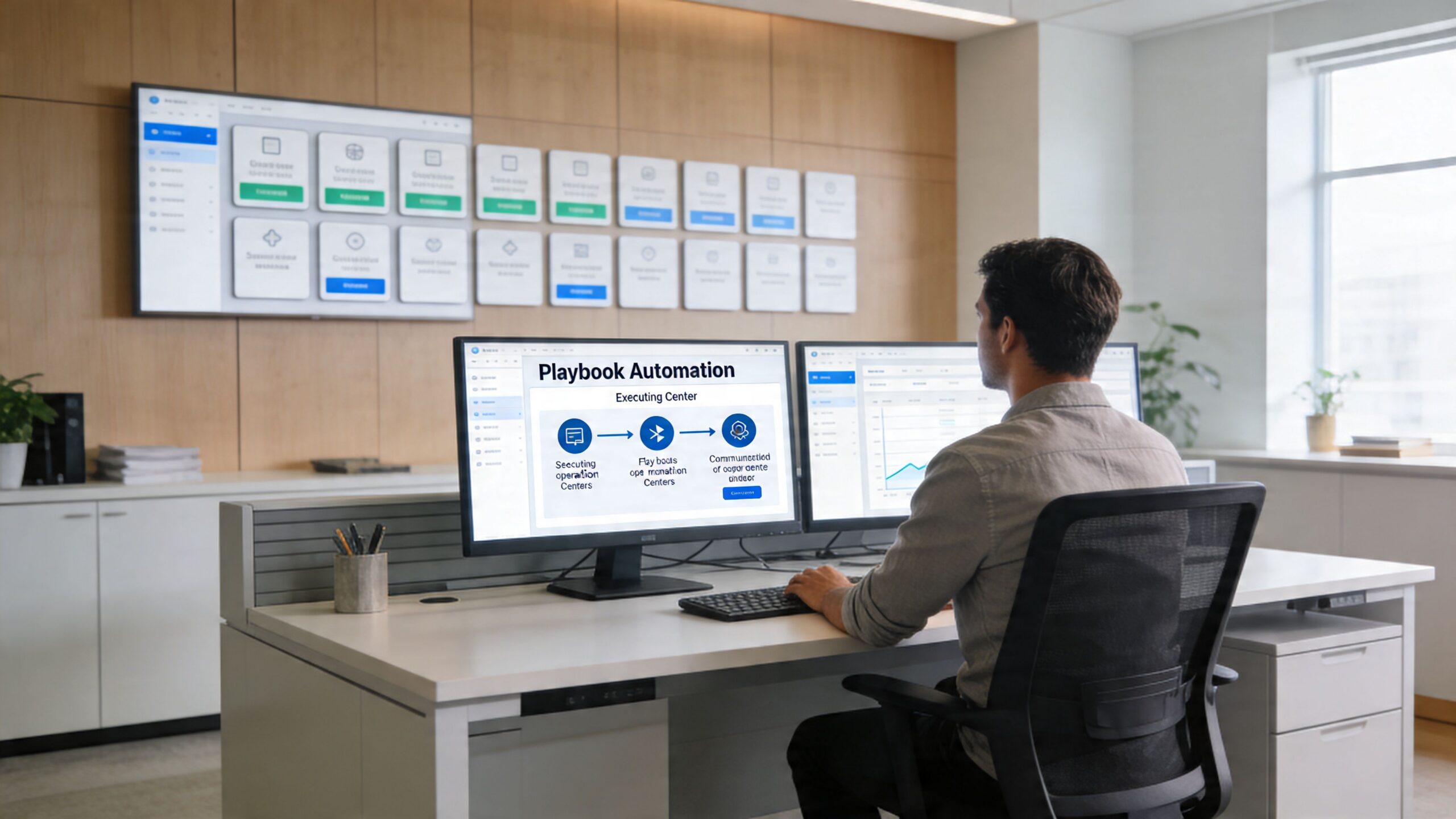 A professional working at a desk with two computer screens displaying incident response playbook automation workflows.