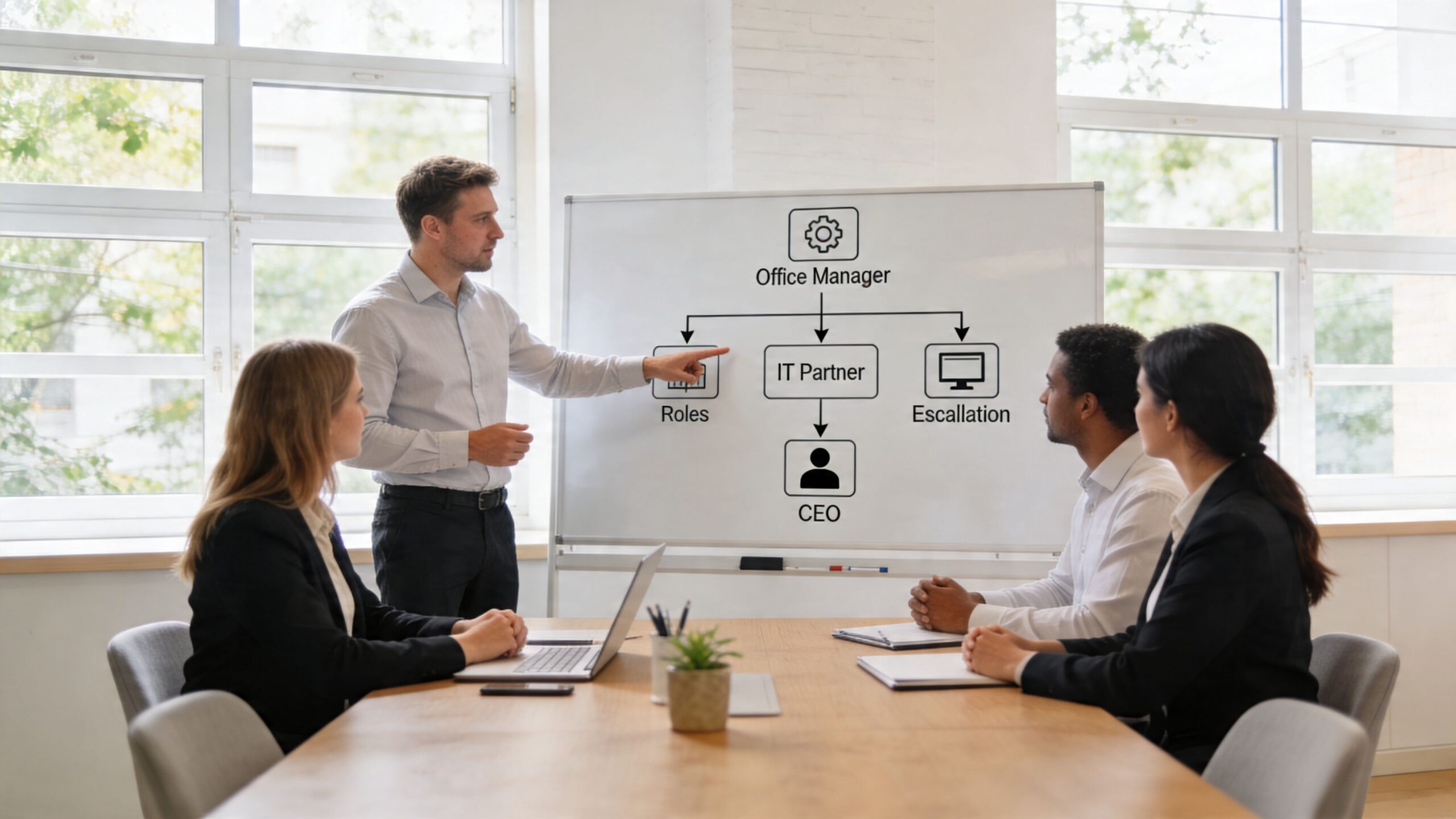 A professional man presenting an incident response flowchart to his team during a business meeting in office.