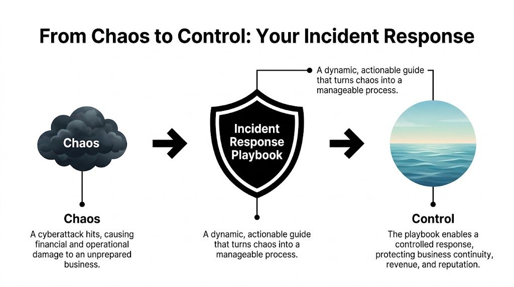 A diagram illustrating how an incident response playbook transforms cyberattack chaos into business control and stability.