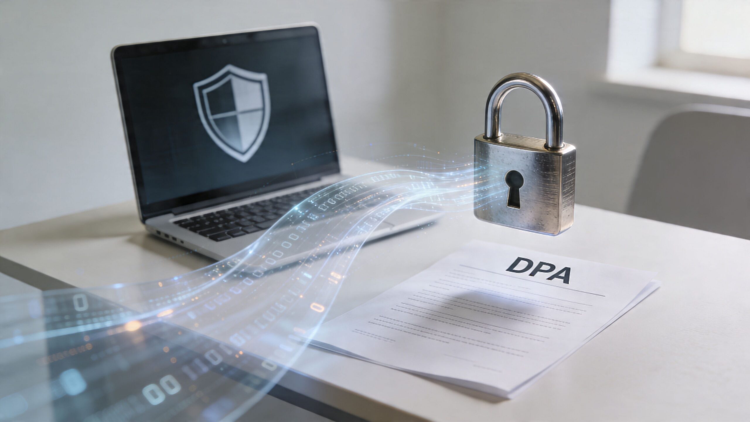 A laptop and a DPA document secured by a digital padlock representing data privacy protection.