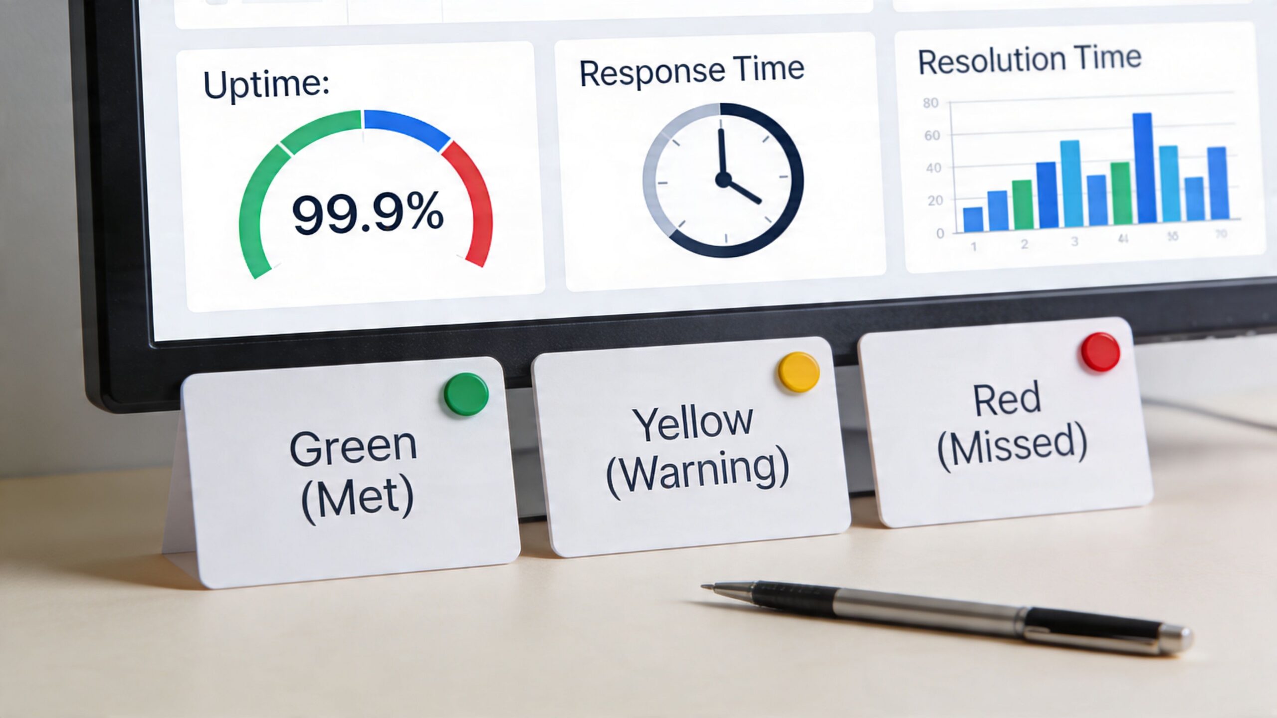 A digital dashboard showing uptime and resolution metrics next to physical color-coded business performance status cards.