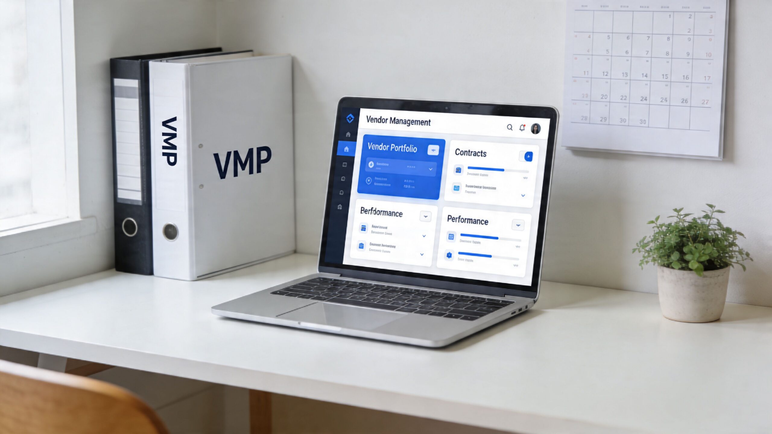 A modern workspace featuring a laptop displaying a vendor management dashboard, binders, and a small potted plant.