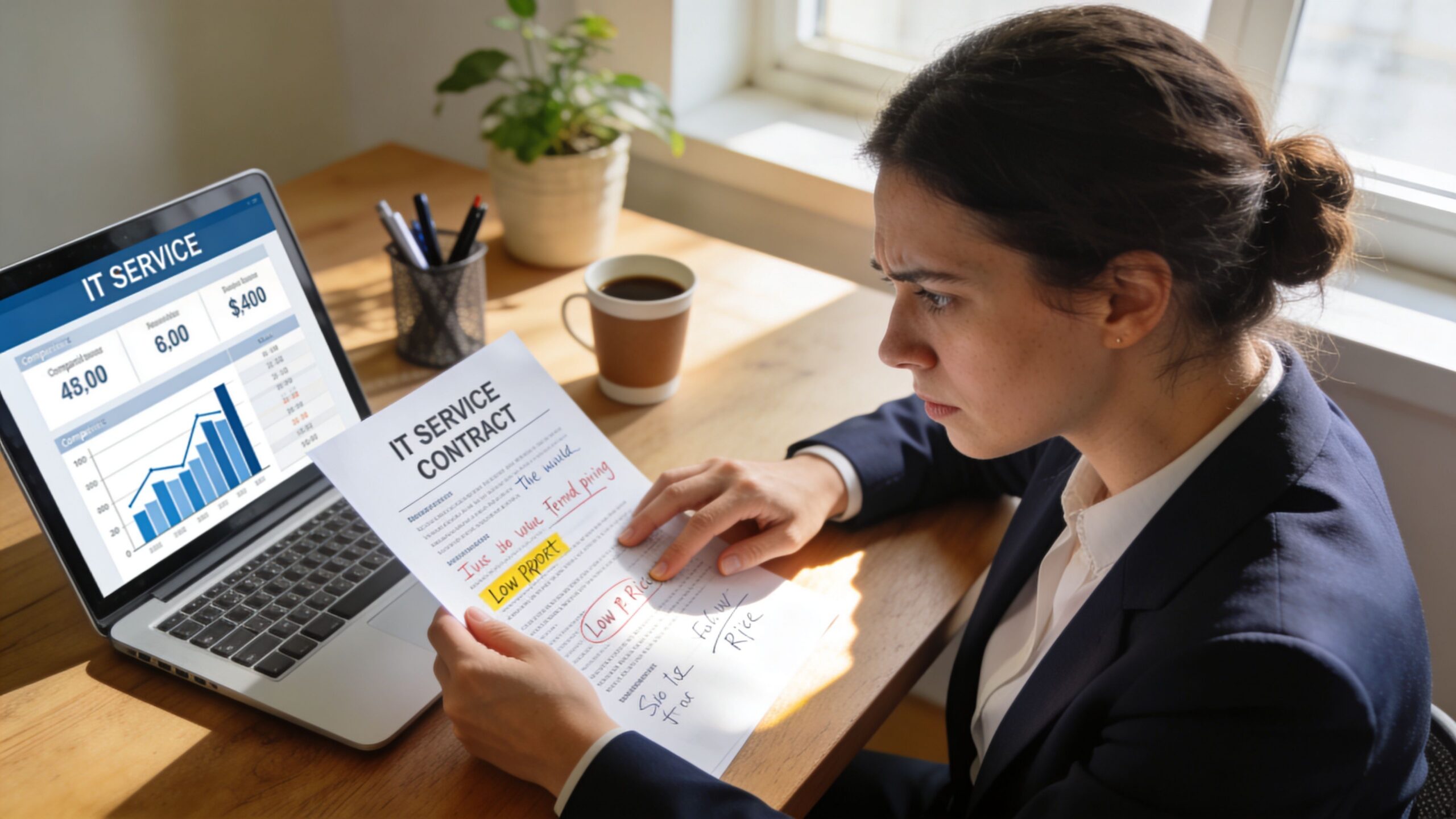 A businesswoman wearing a blazer looking concerned while reviewing an IT service contract at her desk.