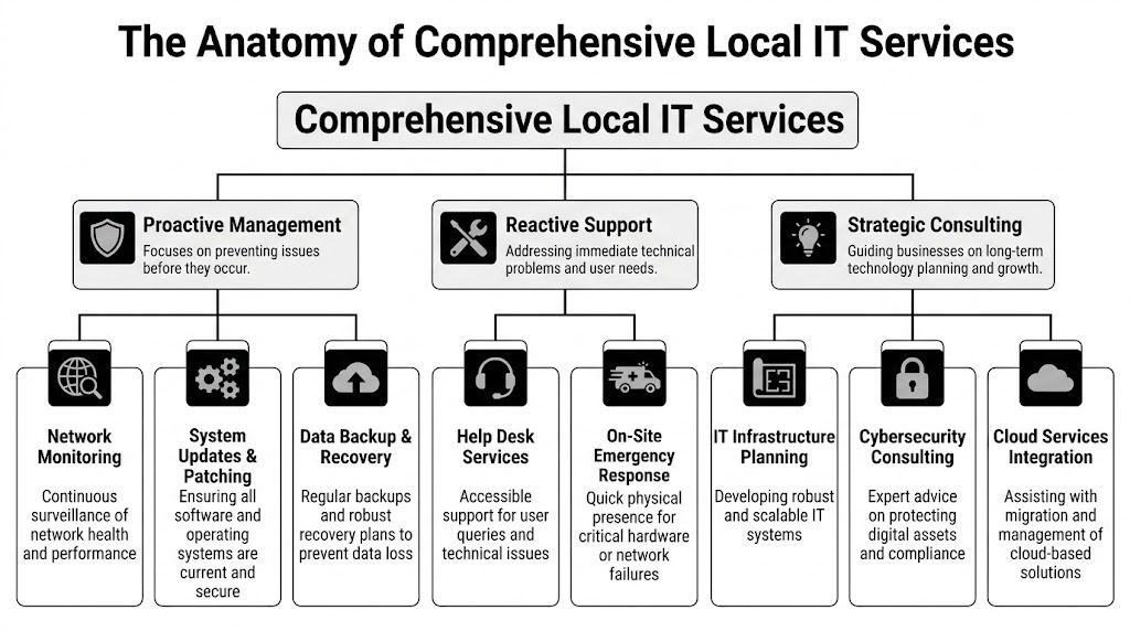 A diagram illustrating the anatomy of comprehensive local IT services, including proactive management, reactive support, and strategic consulting.
