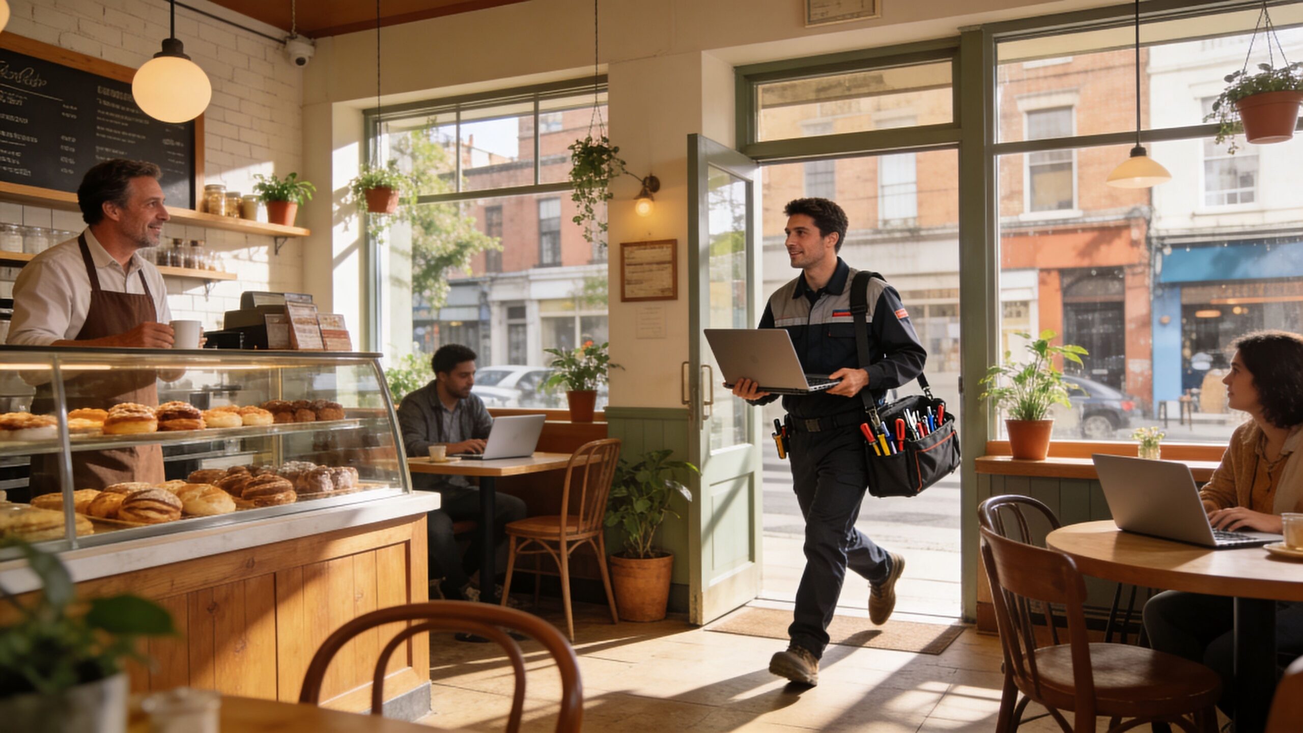 A friendly technician carrying a laptop walks into a modern cafe to provide local IT support services.