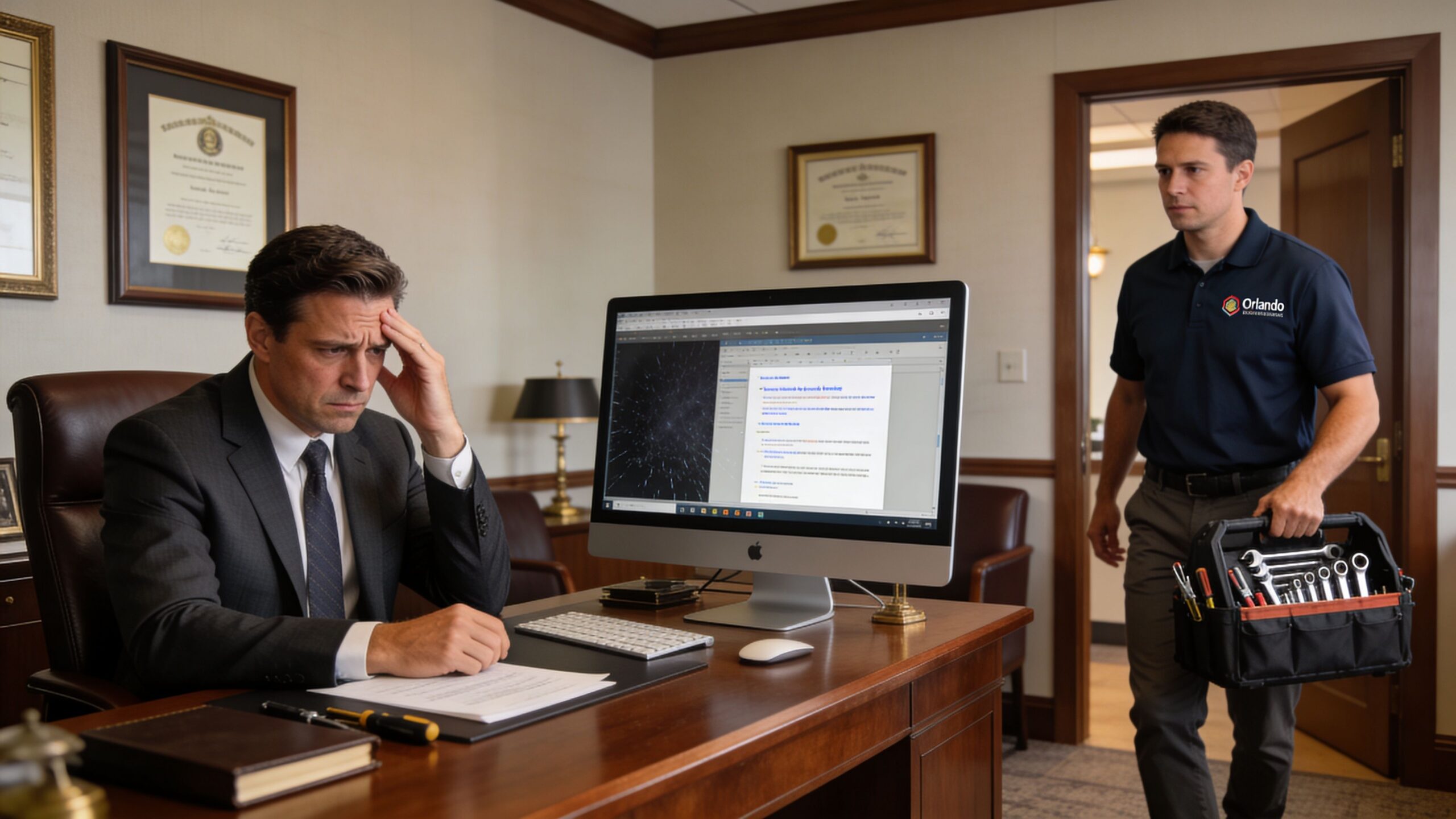 A stressed businessman sits at his office desk while a technician arrives to provide repair assistance.