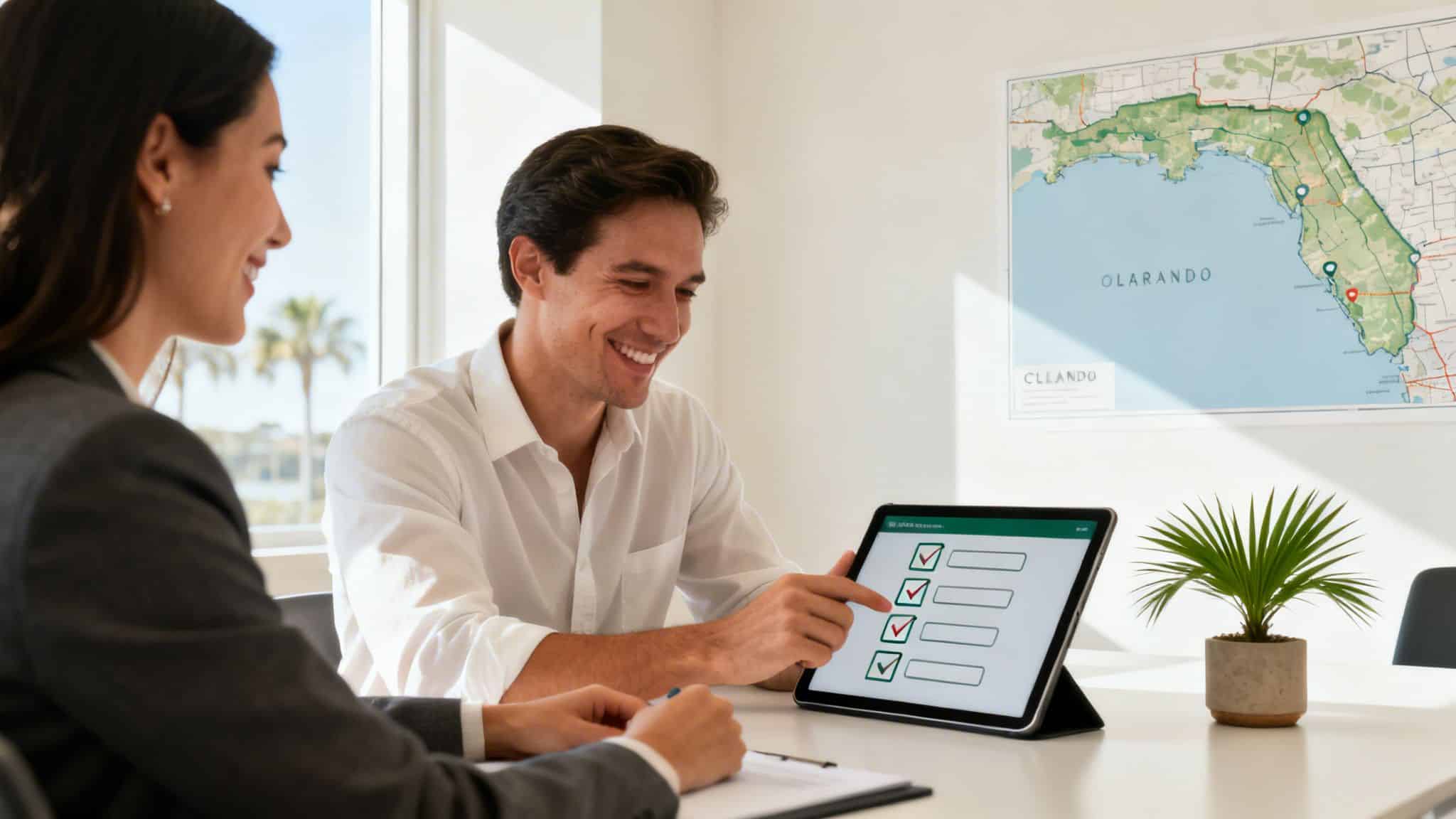 Two smiling professionals in an office reviewing a digital checklist on a tablet, with a map behind them.