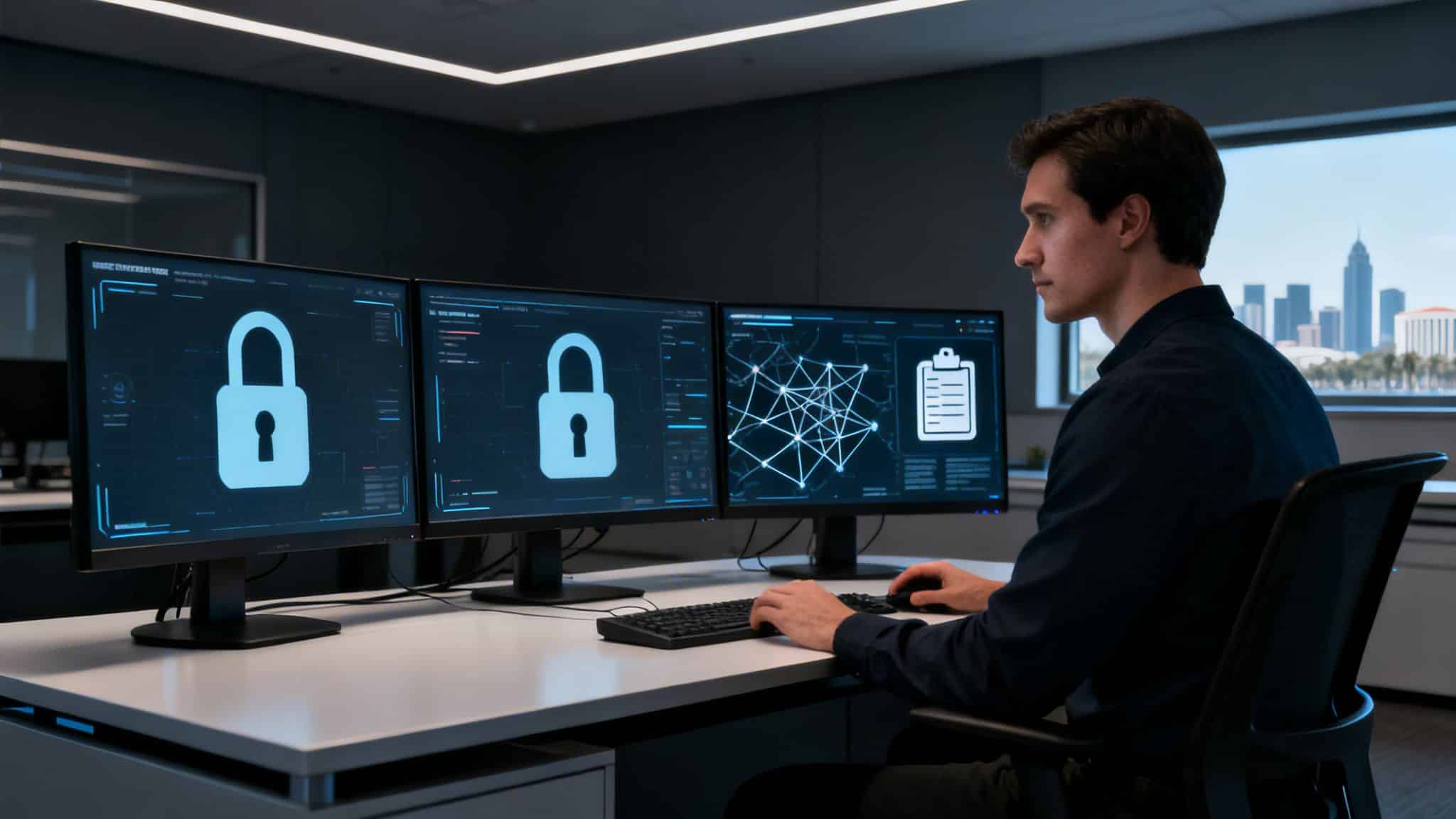A man at a desk works on three computer monitors displaying cybersecurity locks and network graphs.