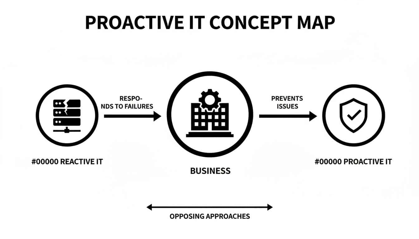Concept map illustrating the difference between Reactive IT responding to failures and Proactive IT preventing business issues.