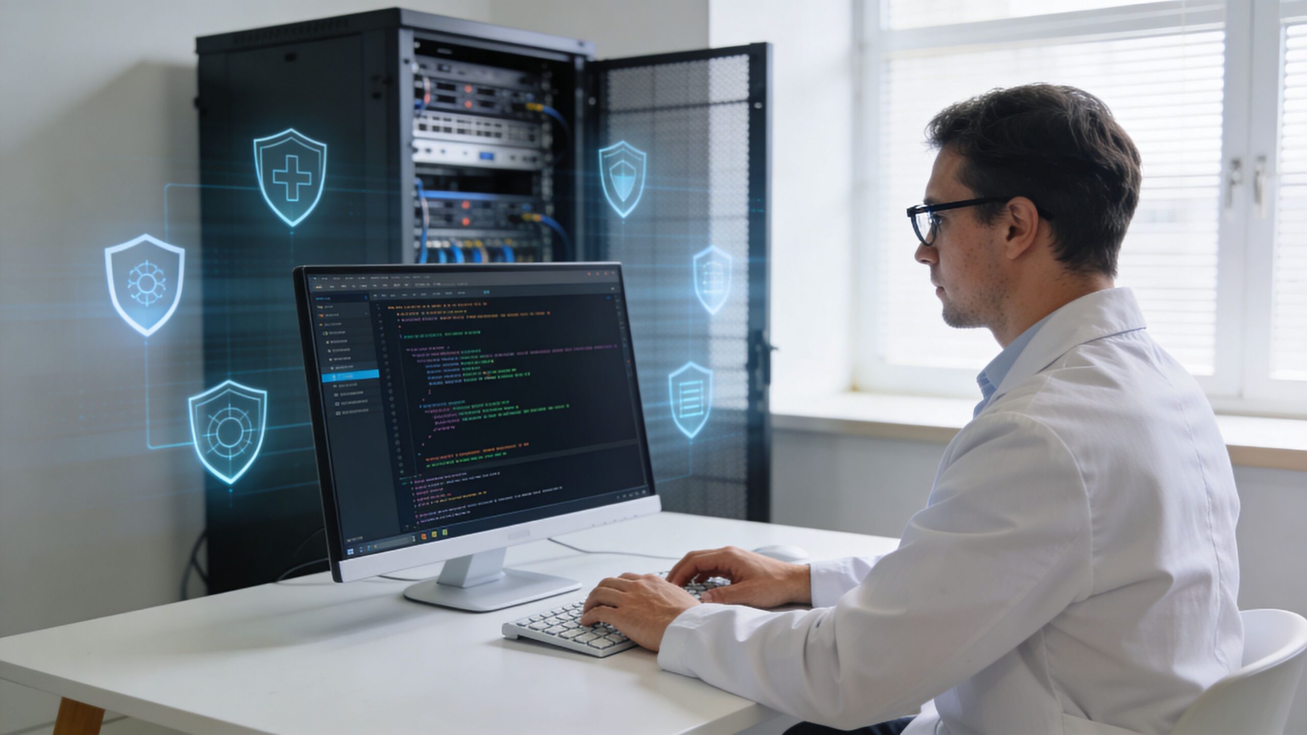A professional IT specialist in a white lab coat monitors server security systems on a computer screen.