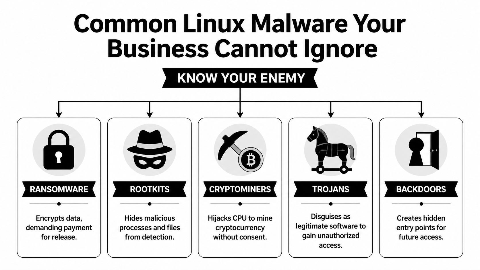 An infographic titled Common Linux Malware listing Ransomware, Rootkits, Cryptominers, Trojans, and Backdoors as common threats.