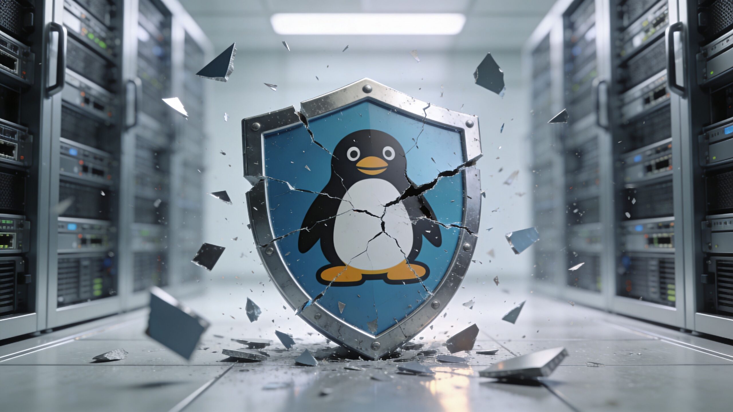 A cracked metallic shield featuring the Linux penguin logo, symbolizing potential security breaches in a server room.