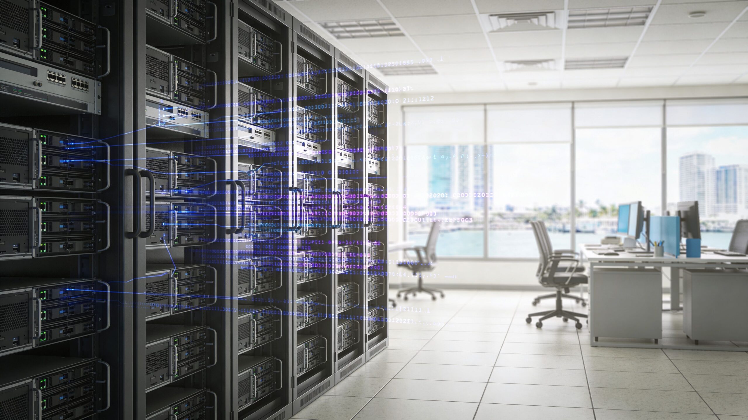 A modern server room with rows of racks and digital data visualizations over a blurred office background.