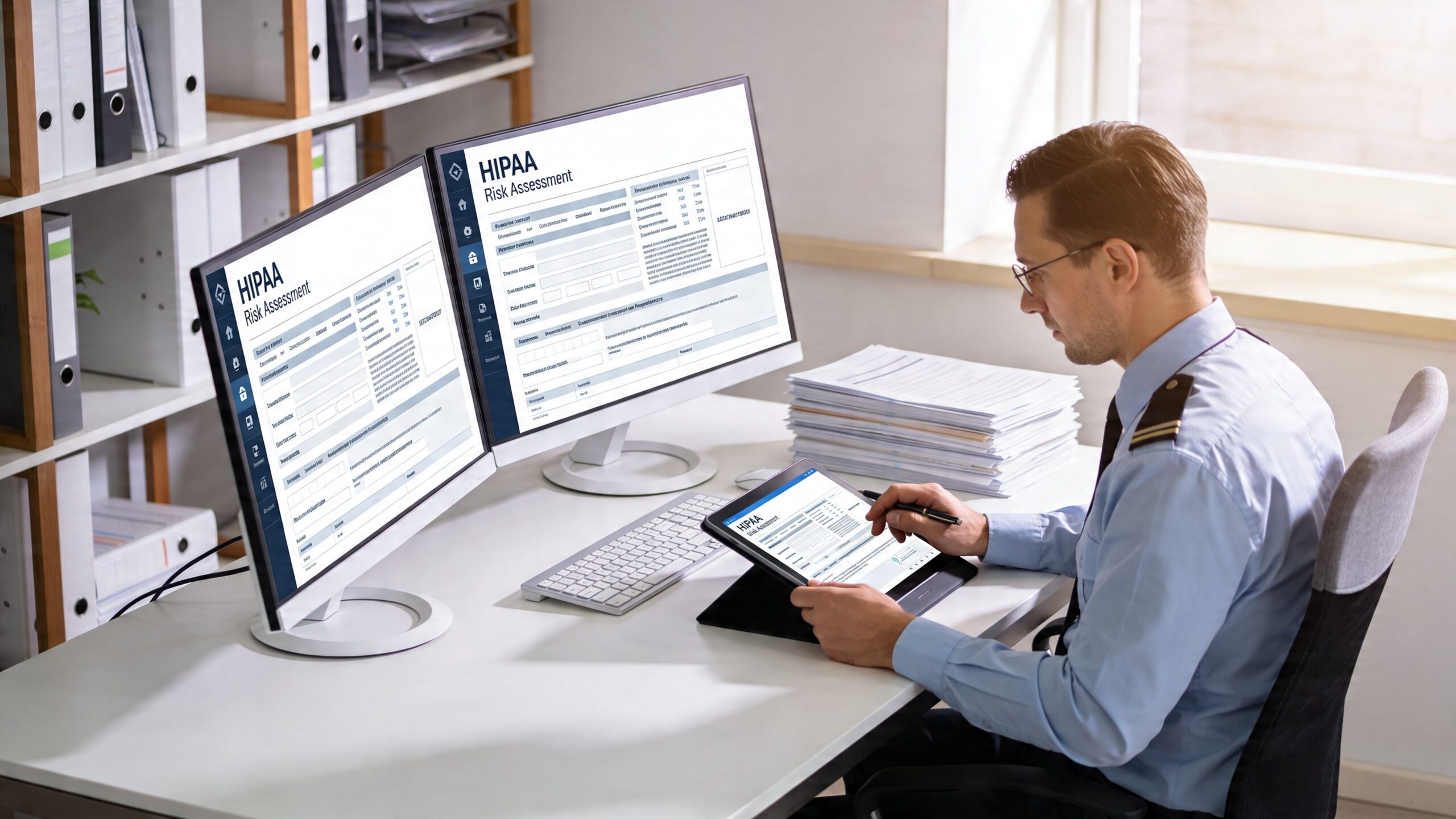 A professional HIPAA officer working on a risk assessment digital form using dual monitors and a tablet.