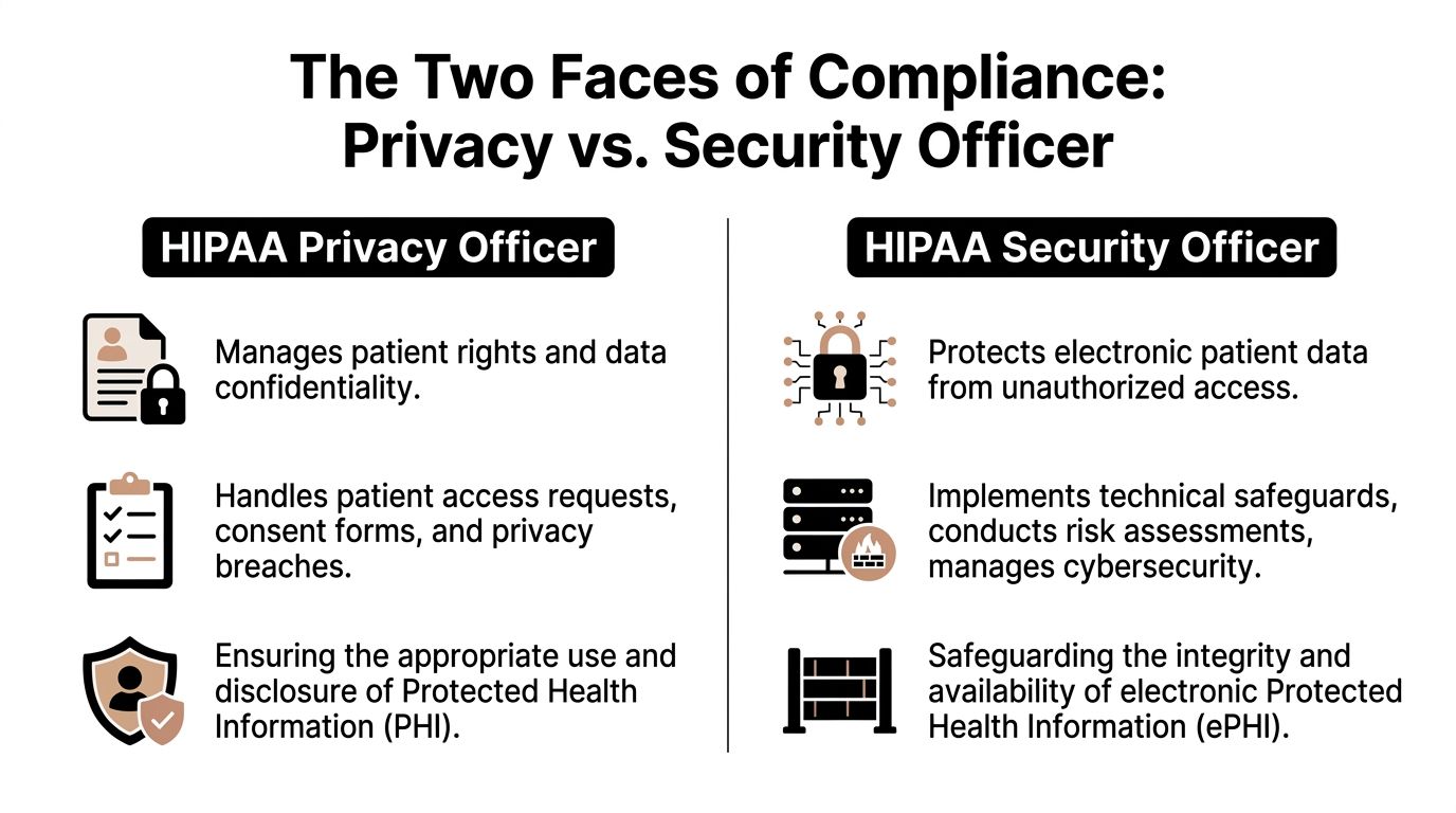 A comparison chart outlining the distinct roles and responsibilities of HIPAA Privacy Officers versus HIPAA Security Officers.