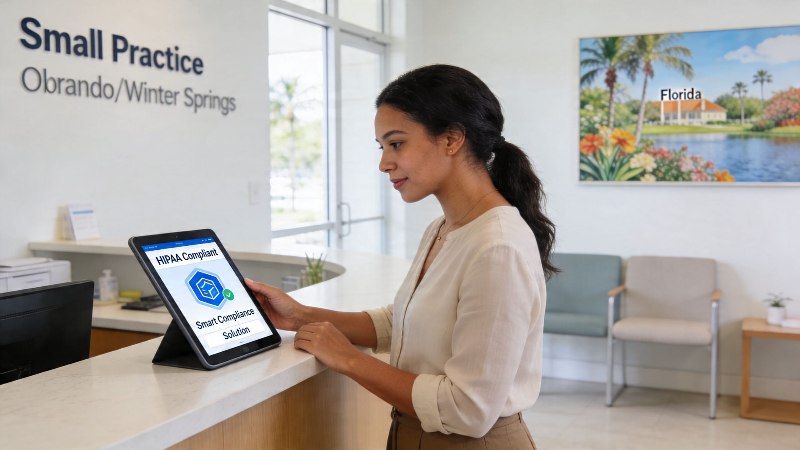 A receptionist using a tablet displaying HIPAA compliance software at a professional medical practice front desk.