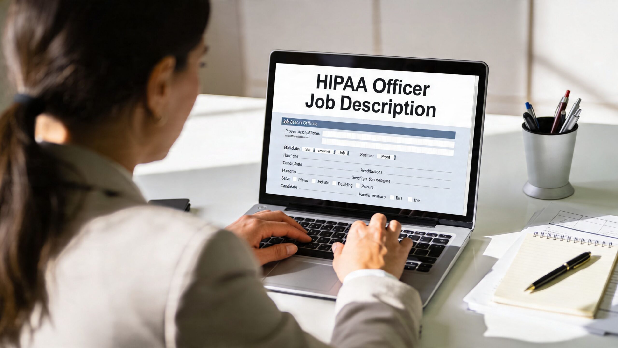 A professional woman working on a laptop displaying a HIPAA officer job description document in an office setting.