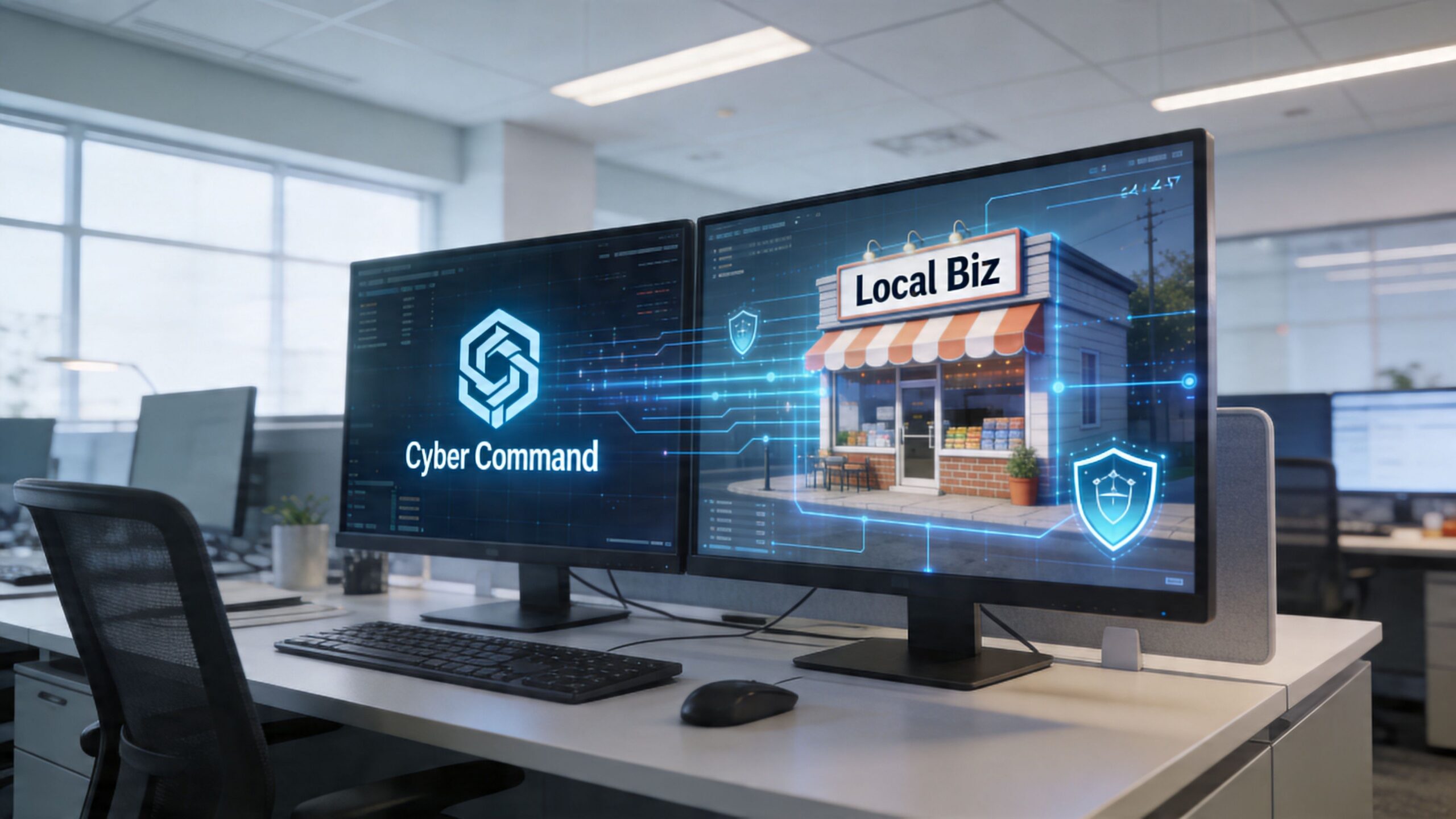 Dual computer monitors showing cybersecurity operations and digital protection of a small local business storefront.