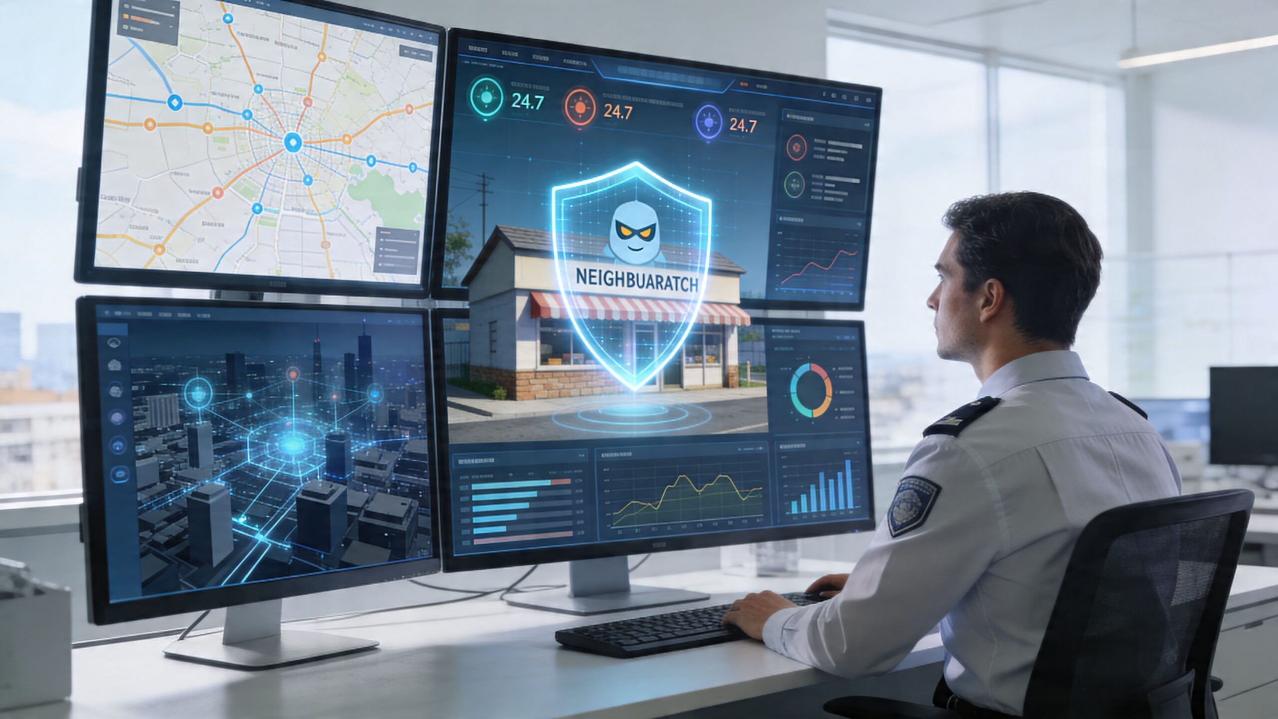 A security officer monitoring city surveillance data and building security systems on multiple computer screens in an office.