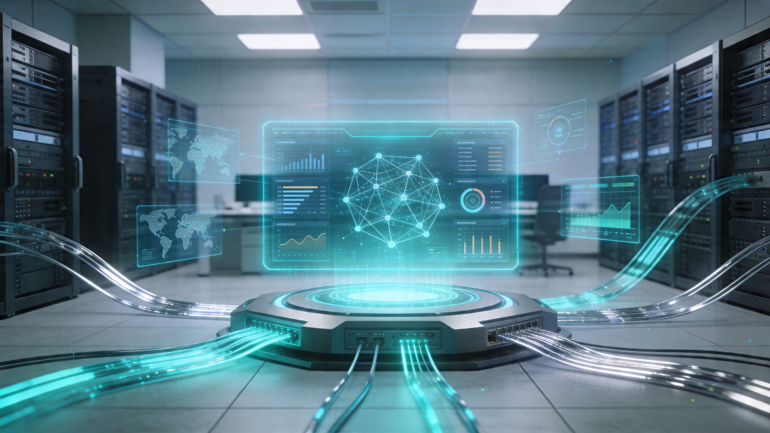 A futuristic data hub in a server room displaying a glowing holographic network and digital analytics charts.
