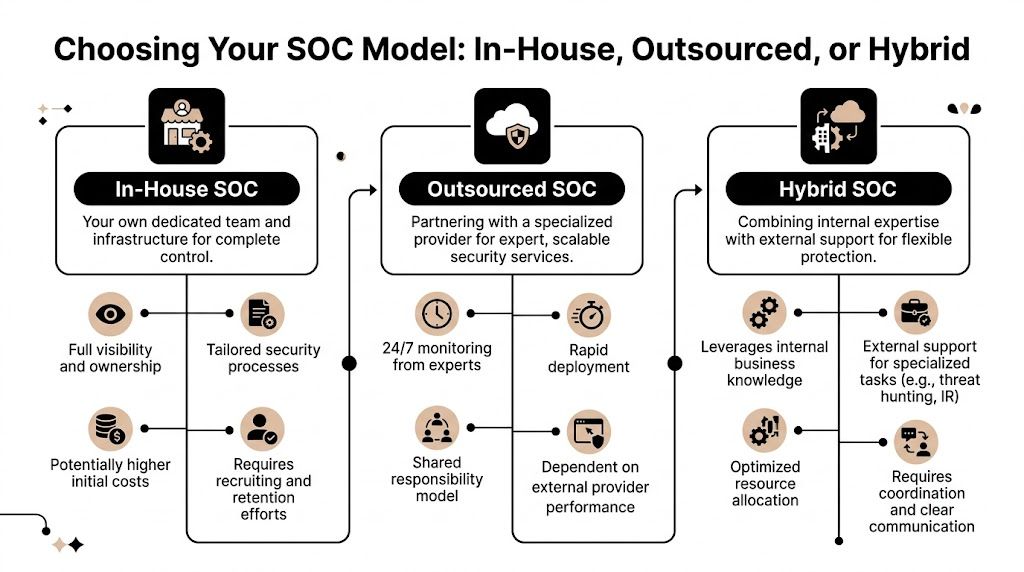 A comparison chart outlining the differences between In-House, Outsourced, and Hybrid Security Operations Center (SOC) deployment models.