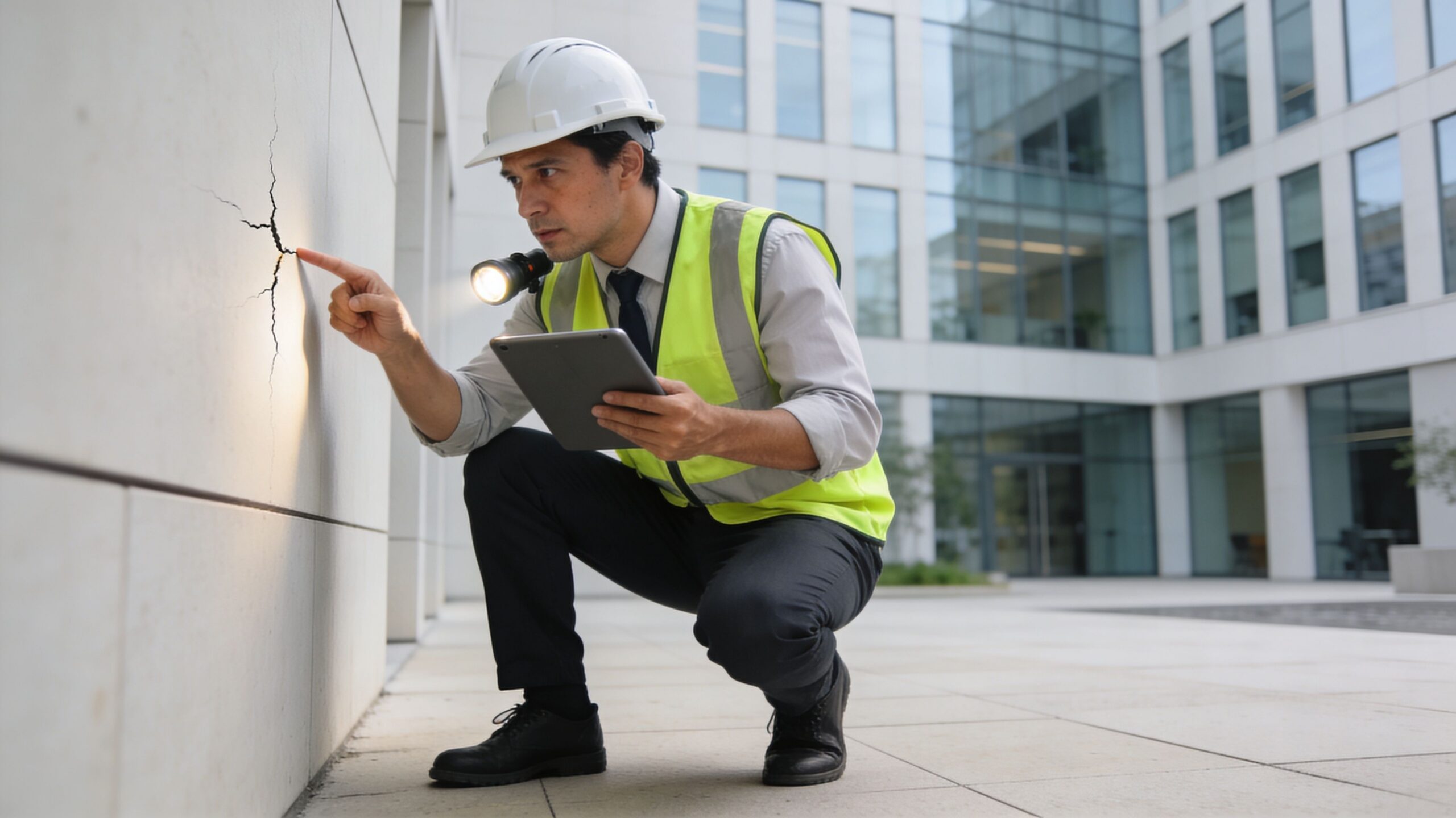 A professional building inspector wearing a safety vest and hard hat examines a crack in a wall.