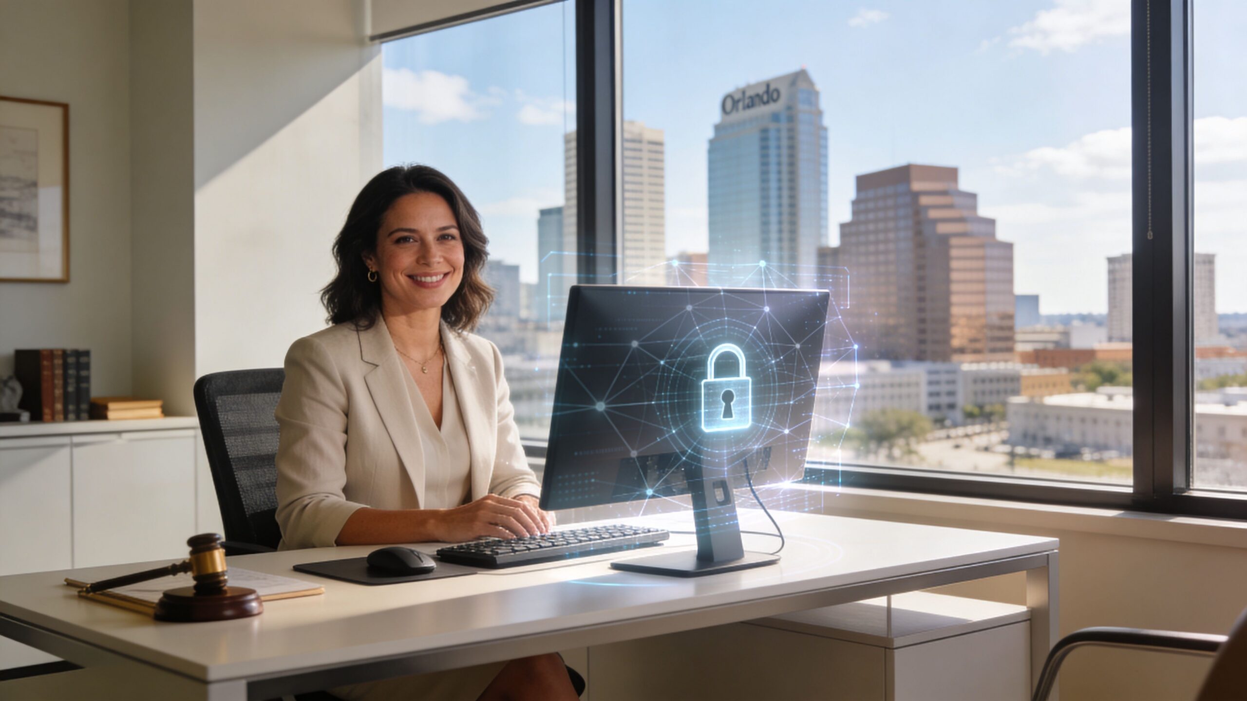 A professional woman in a bright office sitting at a desk with a glowing digital security padlock graphic.