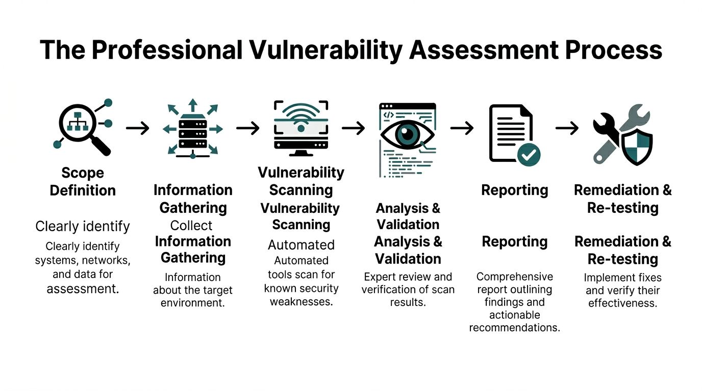 A six-step infographic illustrating the professional vulnerability assessment process from scope definition to final remediation.