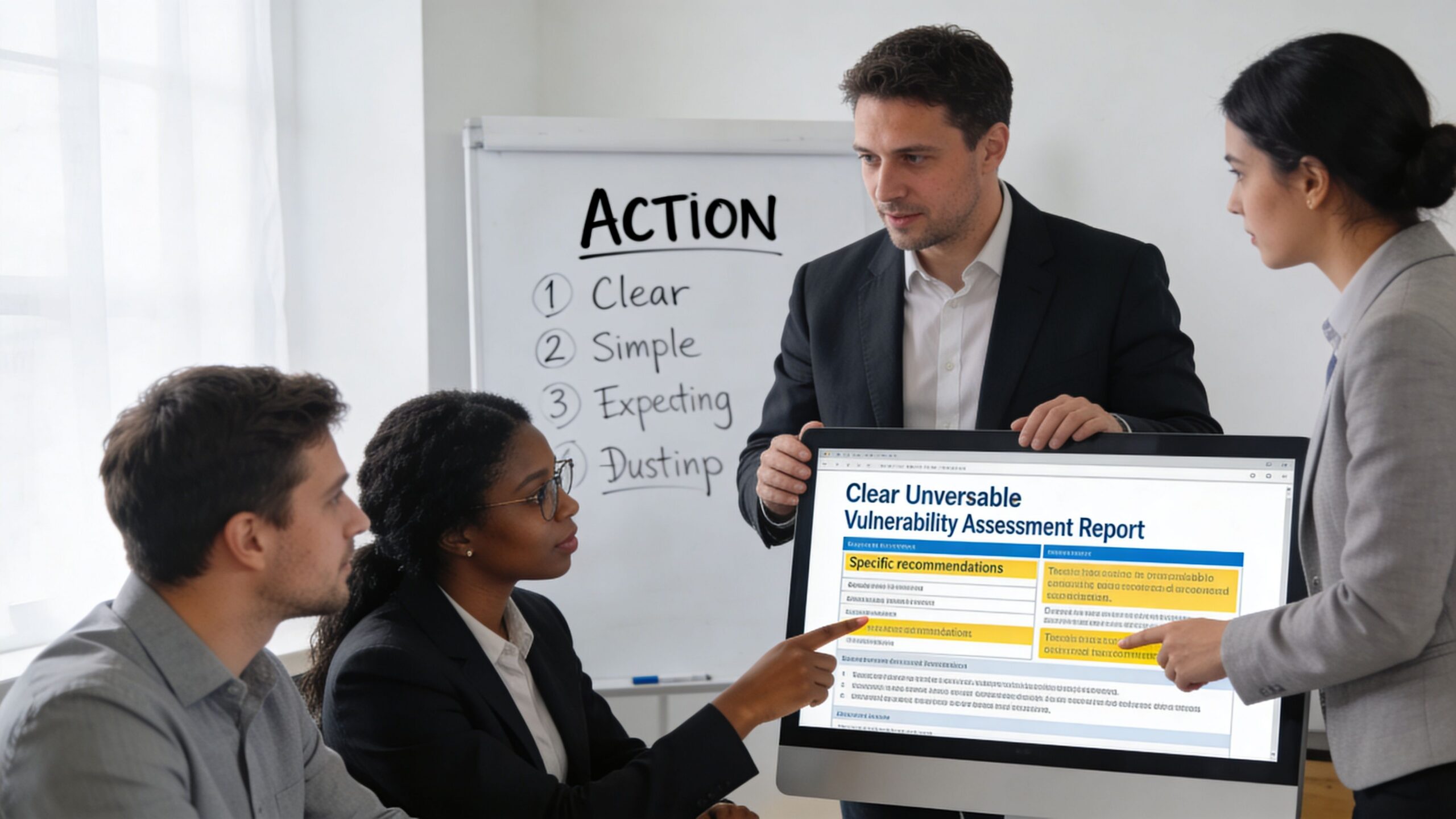 A professional team discussing a vulnerability assessment report on a computer screen in an office setting.