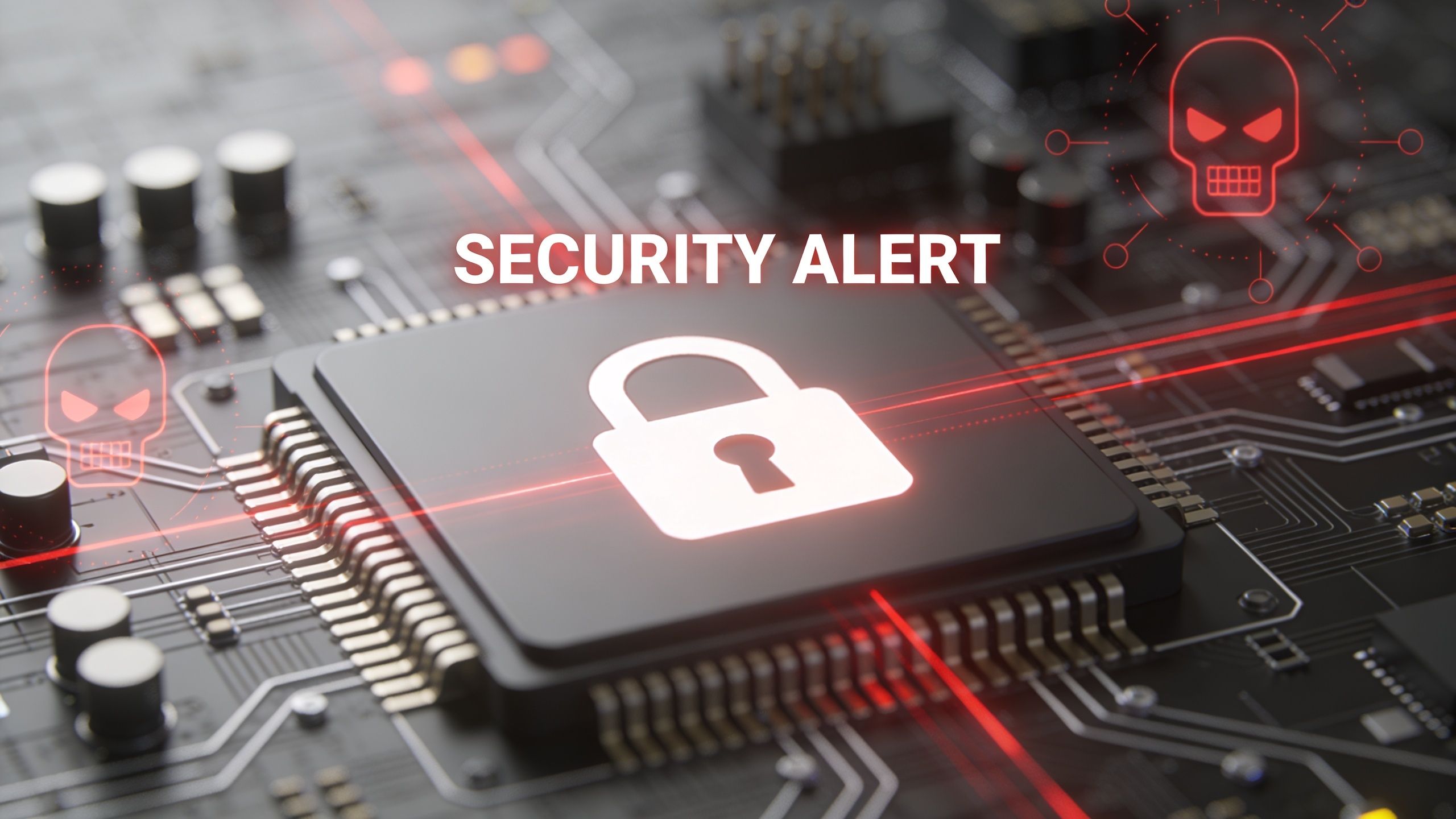 A digital graphic of a computer processor chip featuring a glowing padlock icon and red skull alerts.