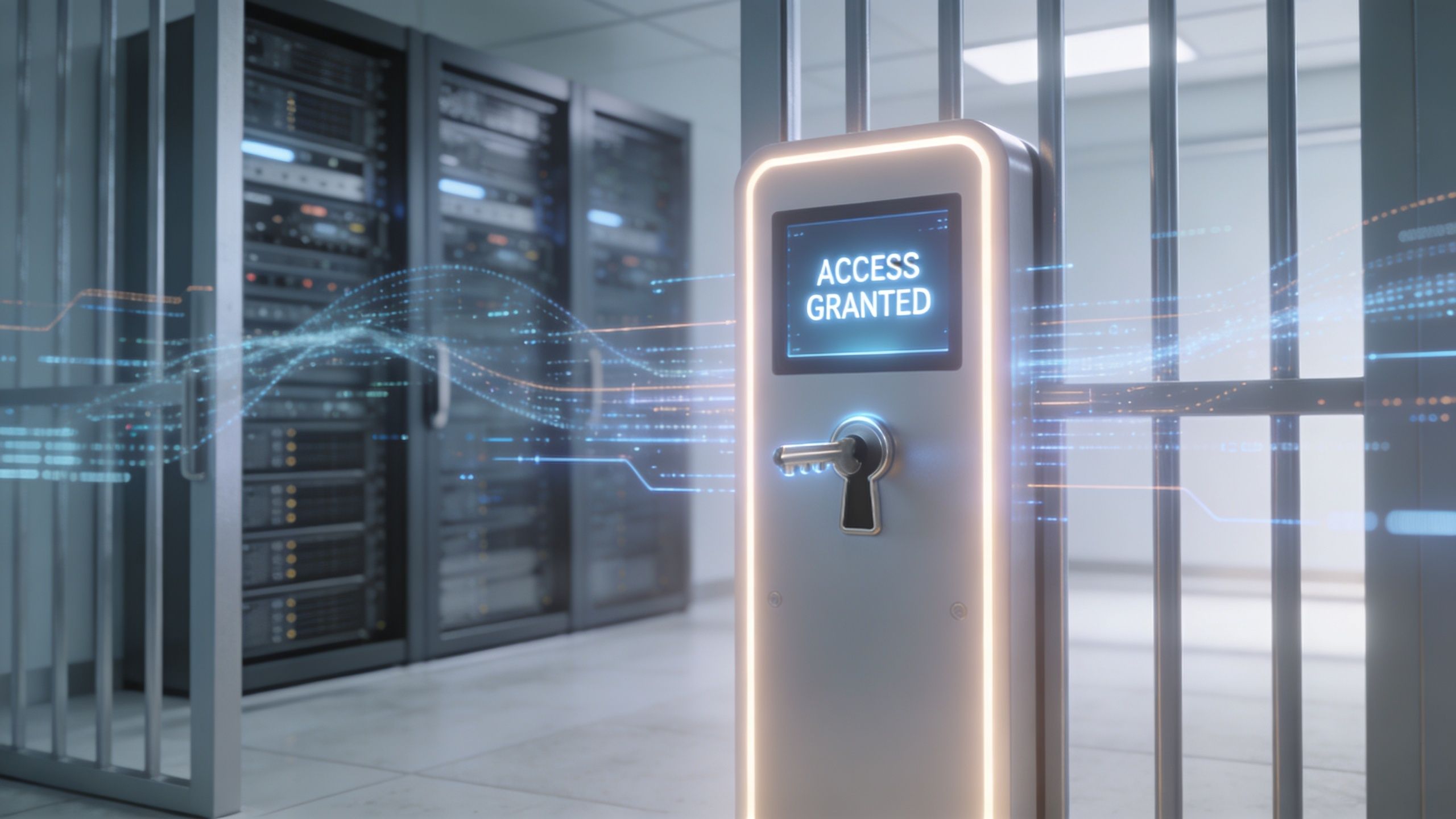 A digital graphic depicting a secure server room entrance with an access granted security lock mechanism.