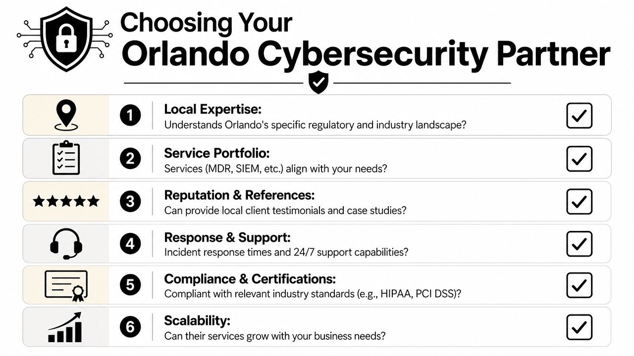 A checklist for choosing an Orlando cybersecurity partner, highlighting six key factors for business security.
