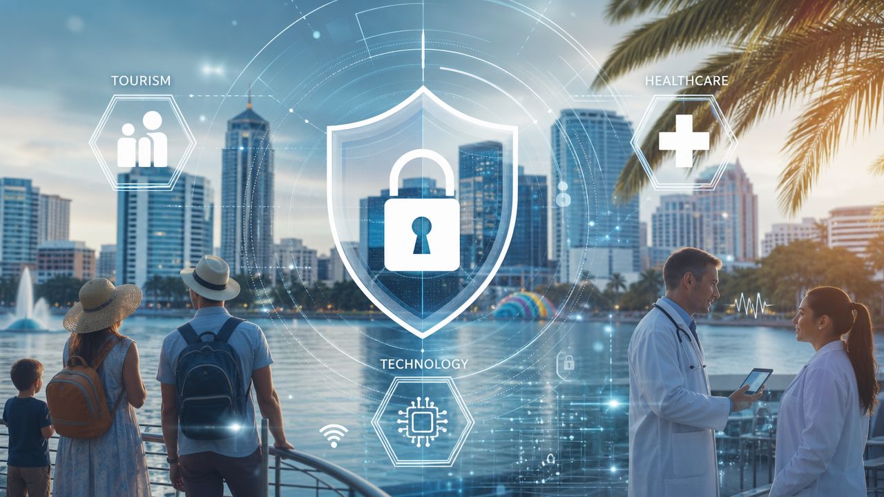 Digital cybersecurity overlay featuring tourism, technology, and healthcare symbols over a scenic Orlando city landscape.