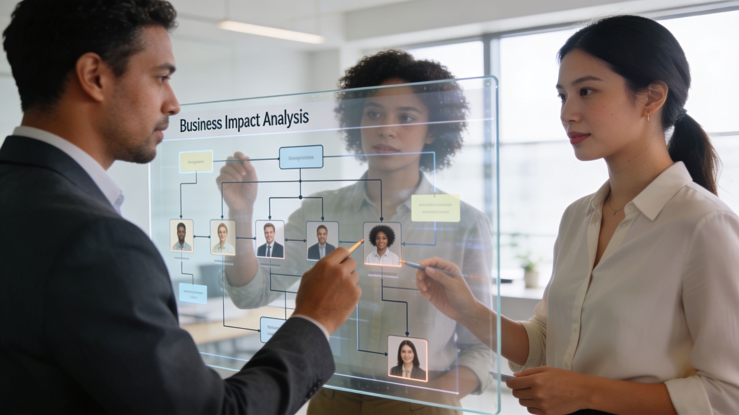 A professional team collaborating on a digital transparent business impact analysis board in a modern office.