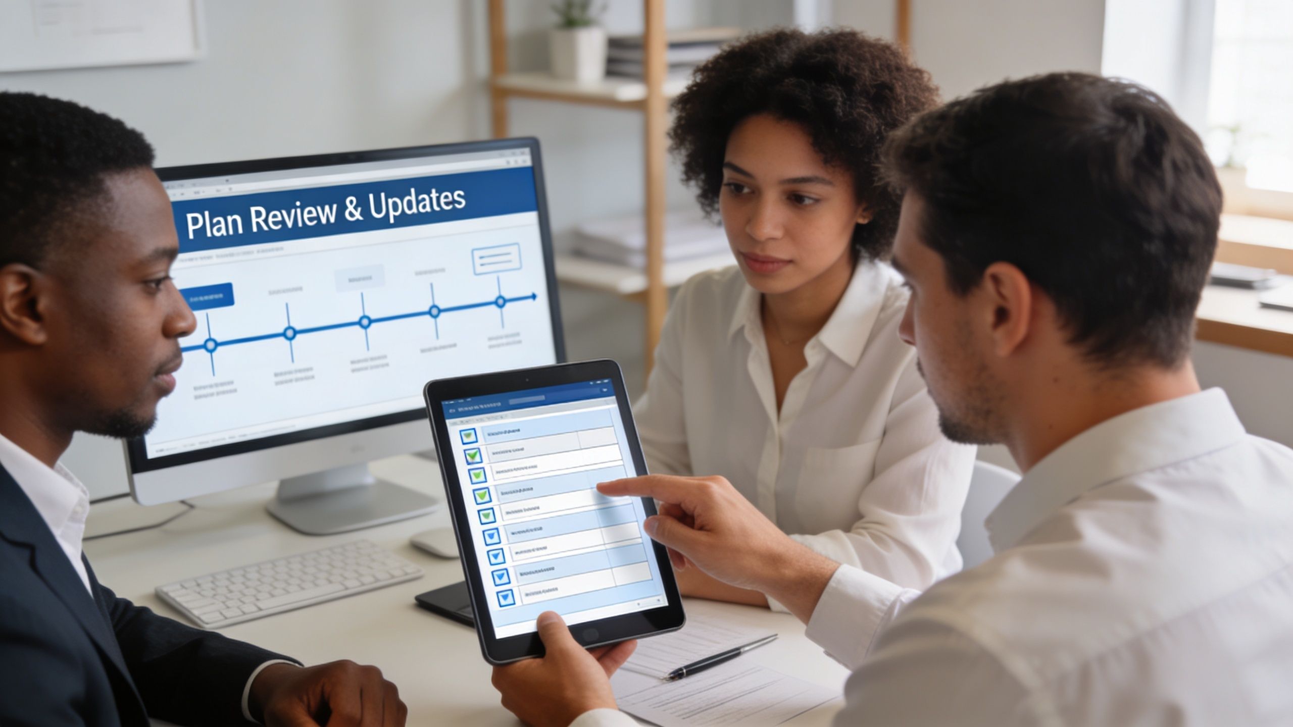 A professional business team discussing their project progress during a review meeting in an office setting.